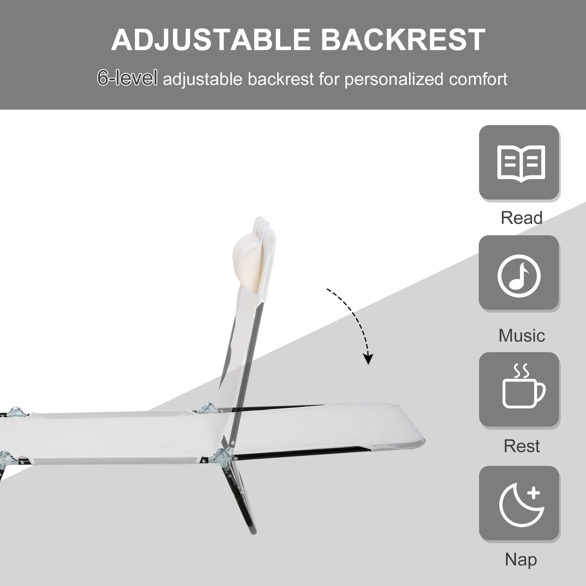 White adjustable backrest lounge chair with head cushion for personalized comfort