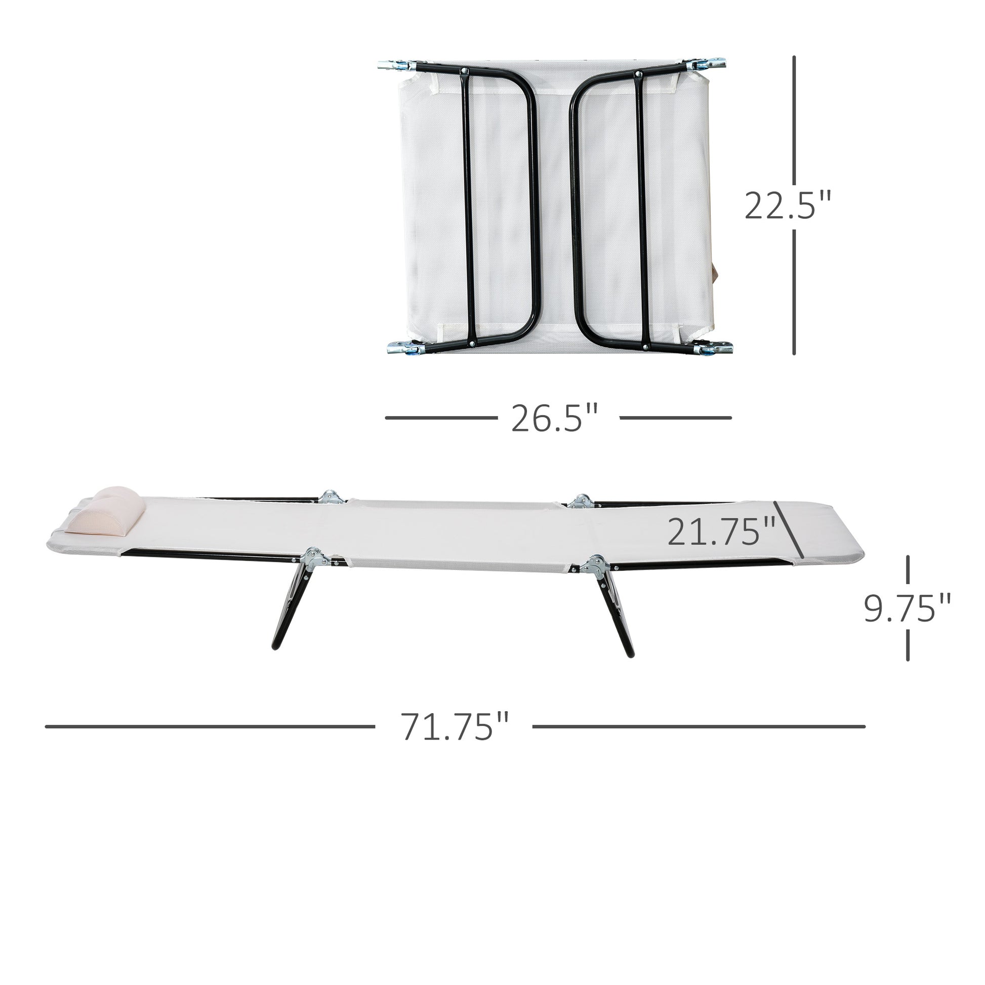 White camping cot with black metal frame and pillow folded and unfolded views with dimensions