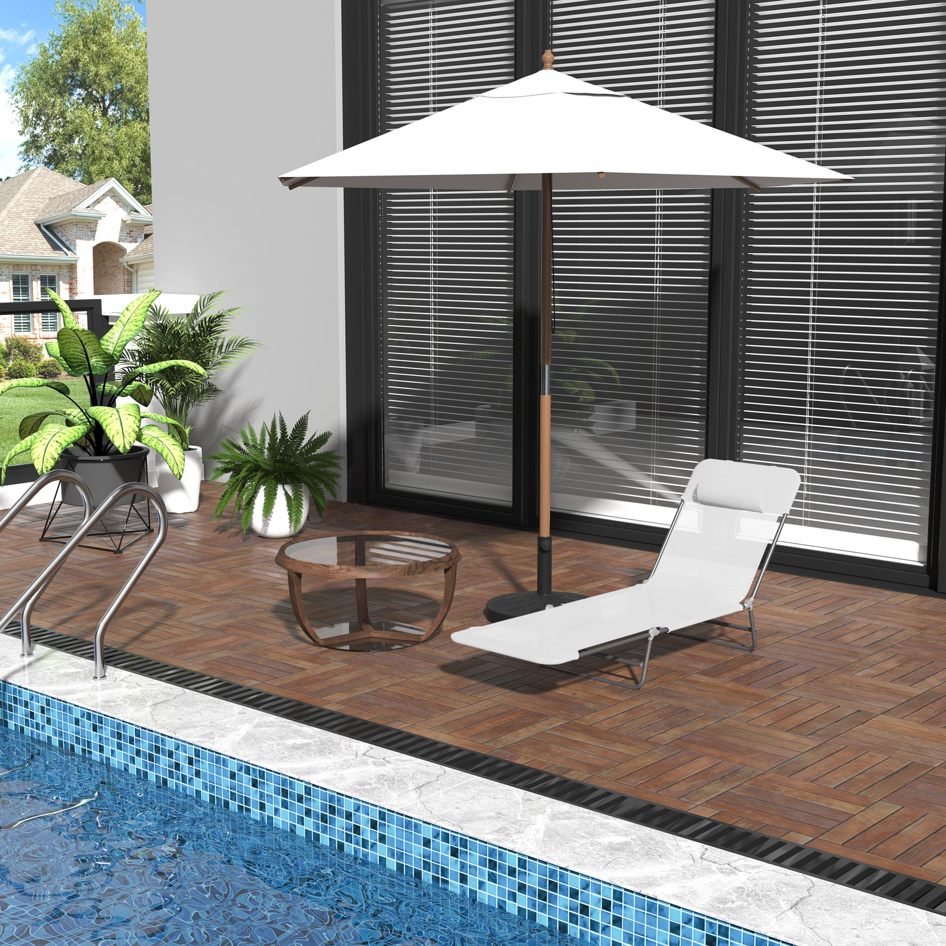 White aluminum and fabric poolside chaise lounge chair for outdoor relaxation