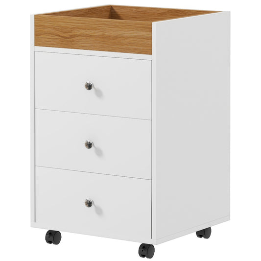White rolling file cabinet with three drawers and a wood grain top accent