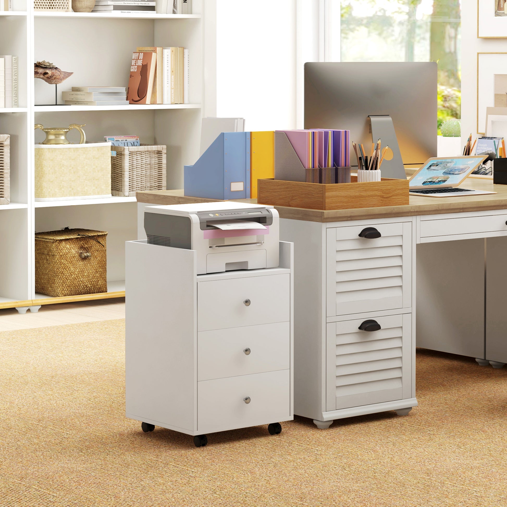 White threedrawer rolling file cabinet with a printer on top perfect for office storage