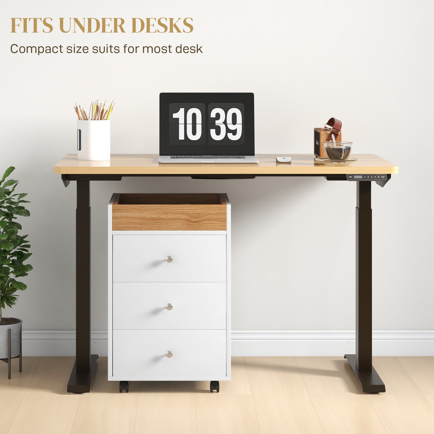 White drawer filing cabinet with woodgrain top for office organization