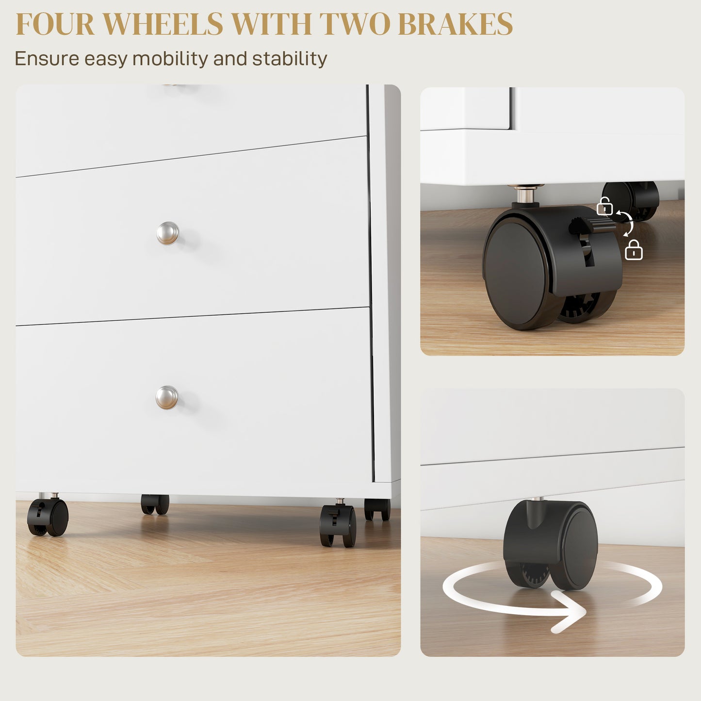 White filing cabinet with silver knobs featuring four black caster wheels with two brakes