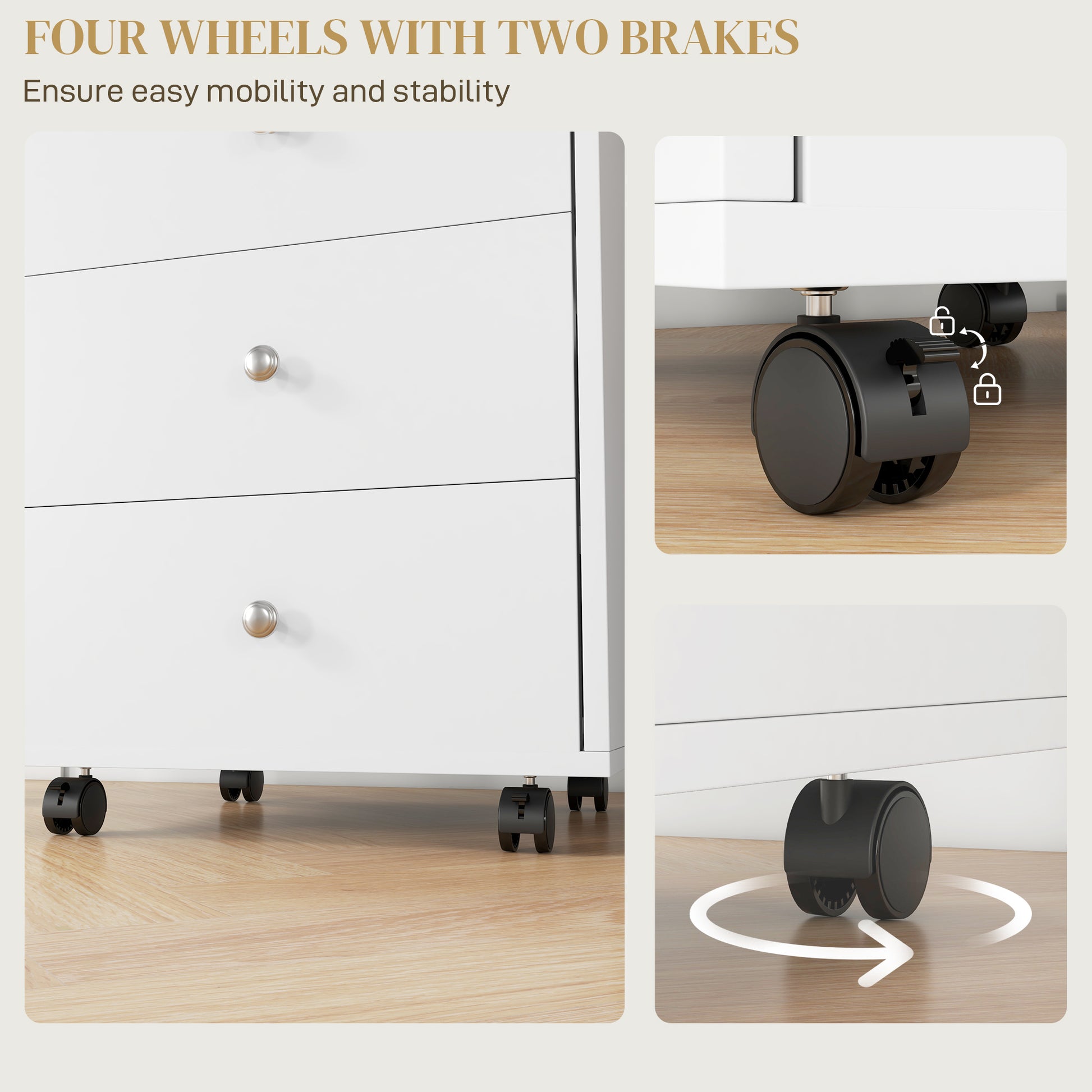 White filing cabinet with silver knobs featuring four black caster wheels with two brakes