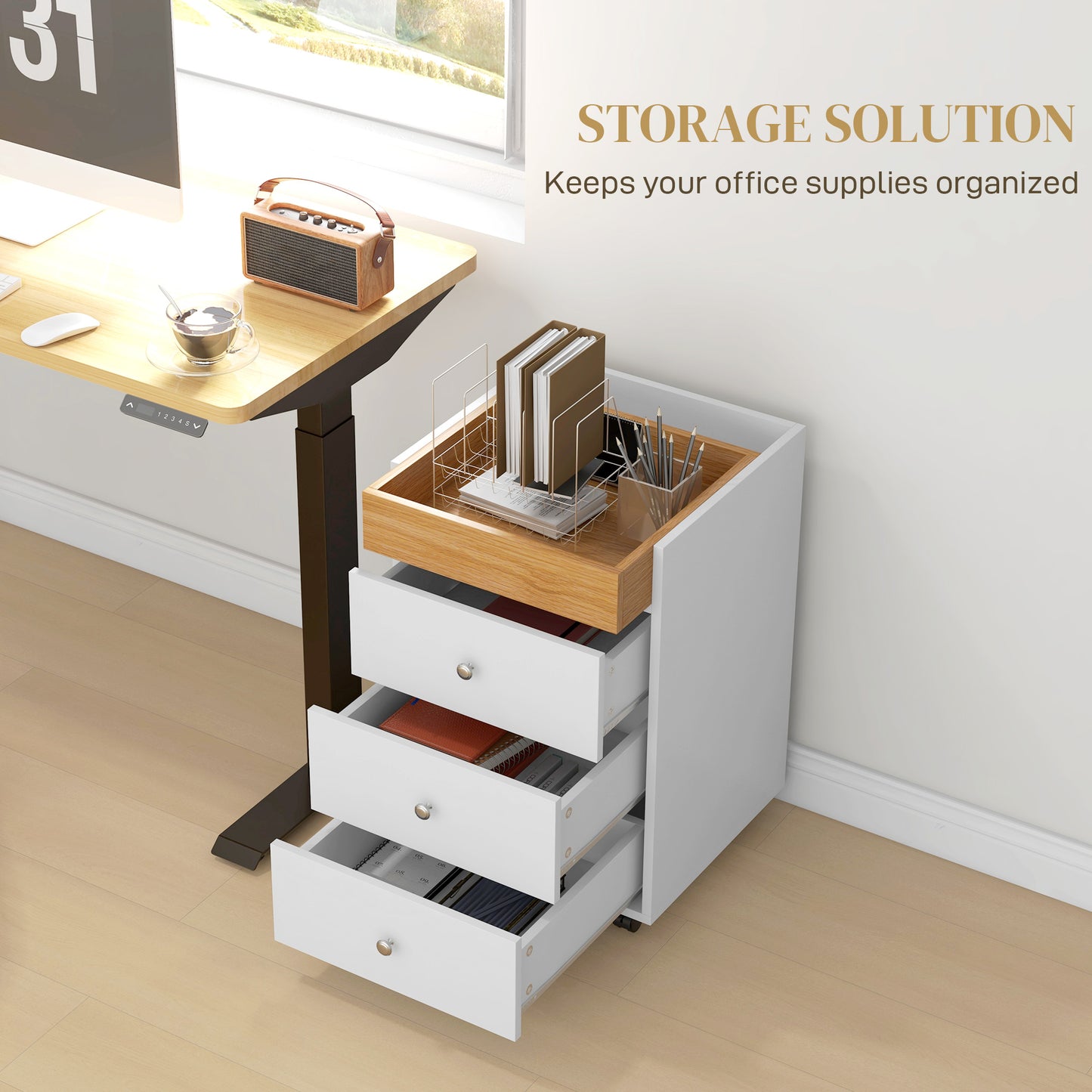 White drawer filing cabinet with a wooden organizer top holding office supplies