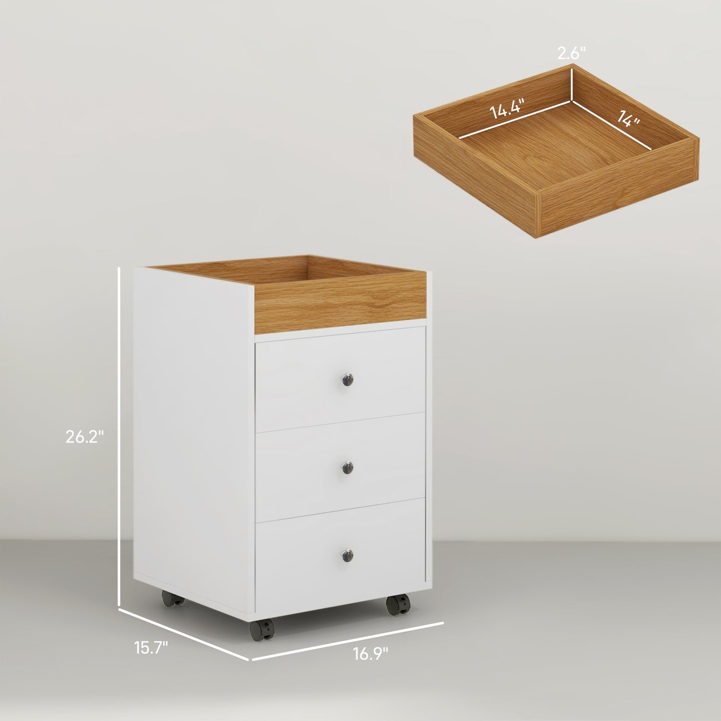 White rolling cart with three drawers and wooden top drawer accent Primary keyword rolling cart