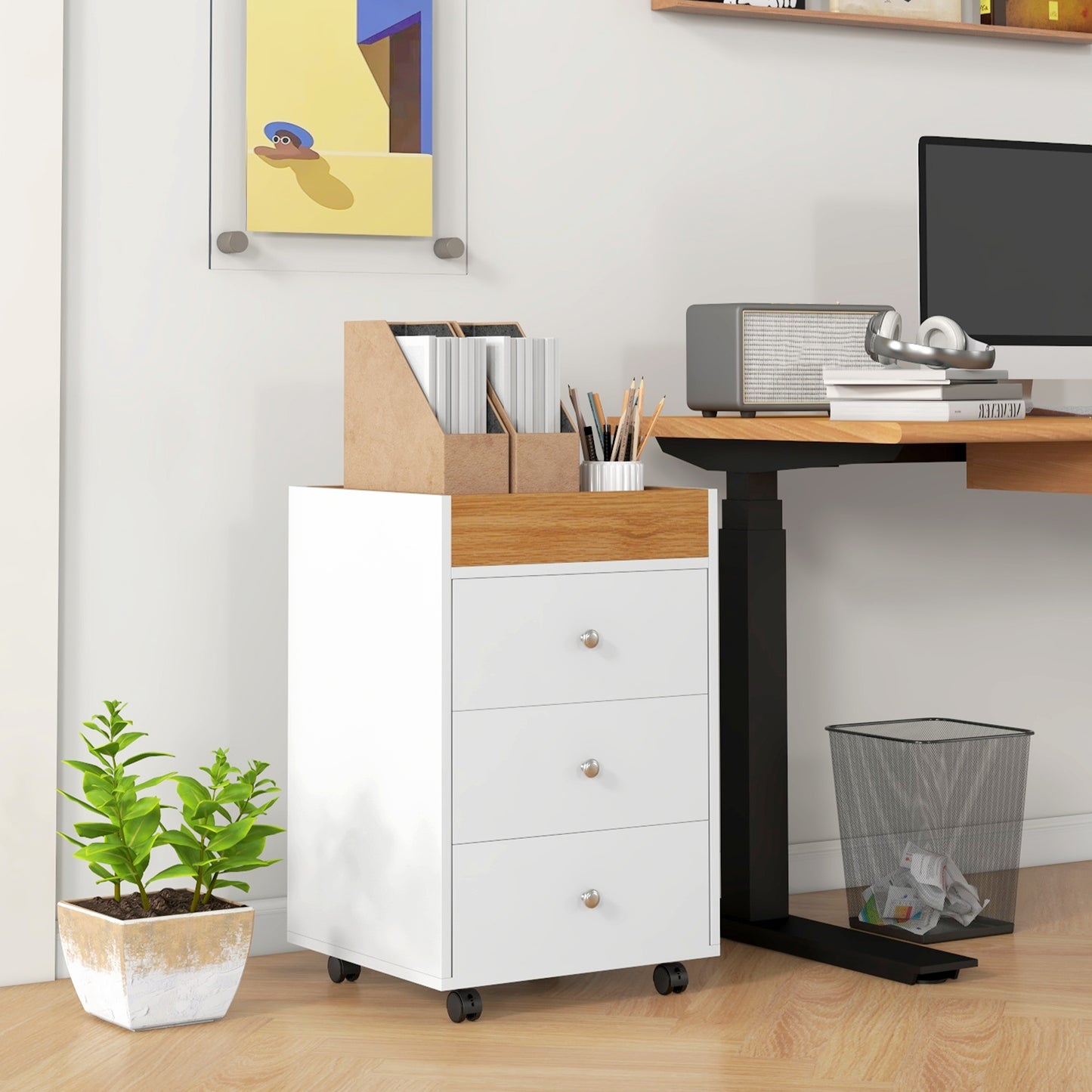 White and wood grain threedrawer filing cabinet on wheels for office organization
