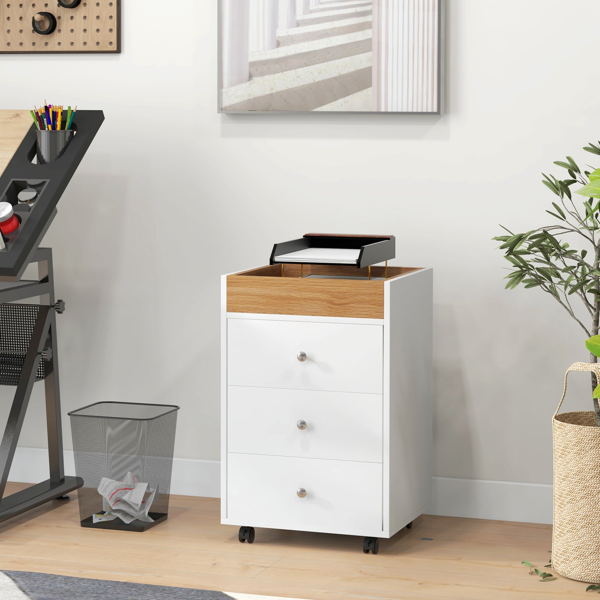 White threedrawer file cabinet with a wooden top and black document tray