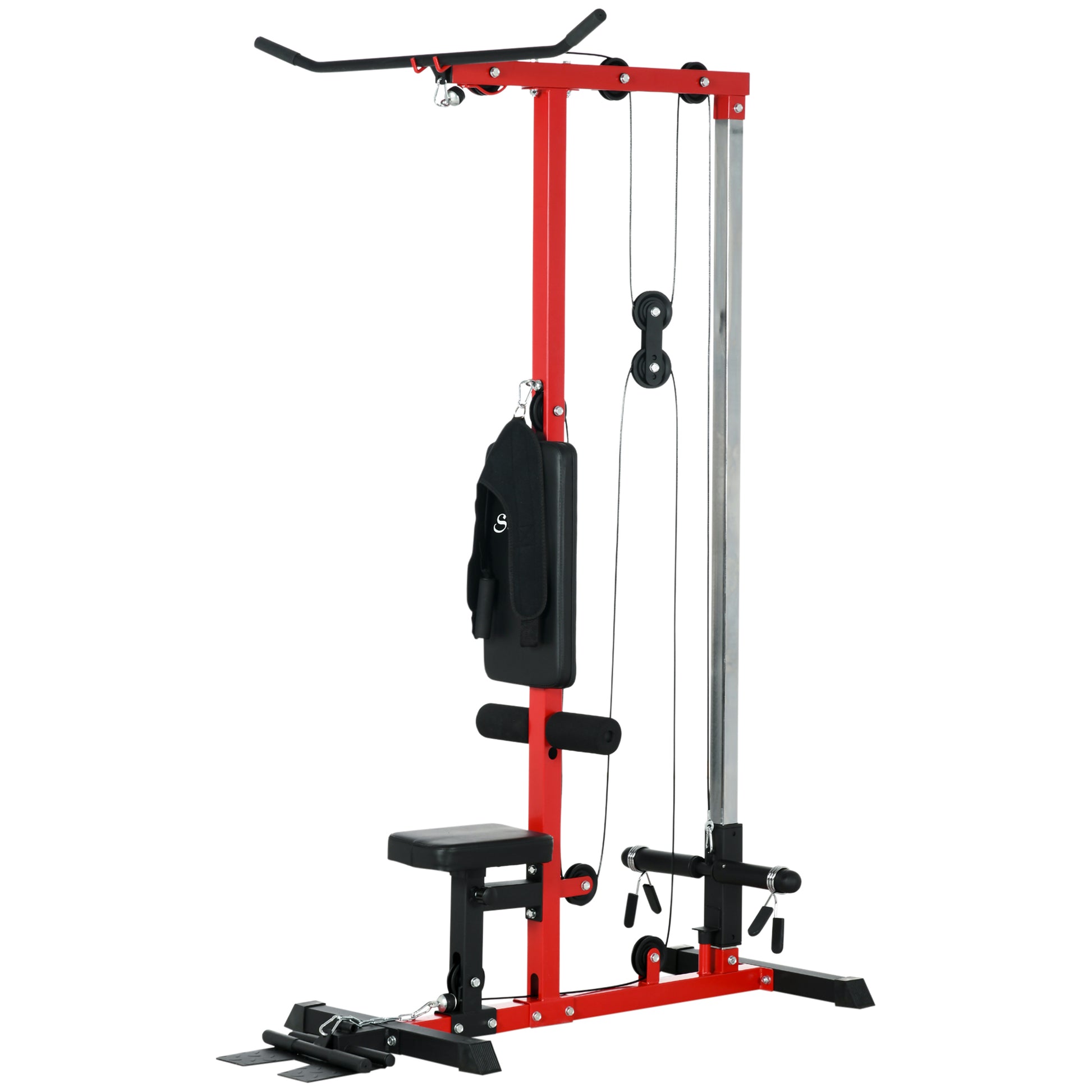 Red home gym lat pulldown machine with padded seat and leg holder