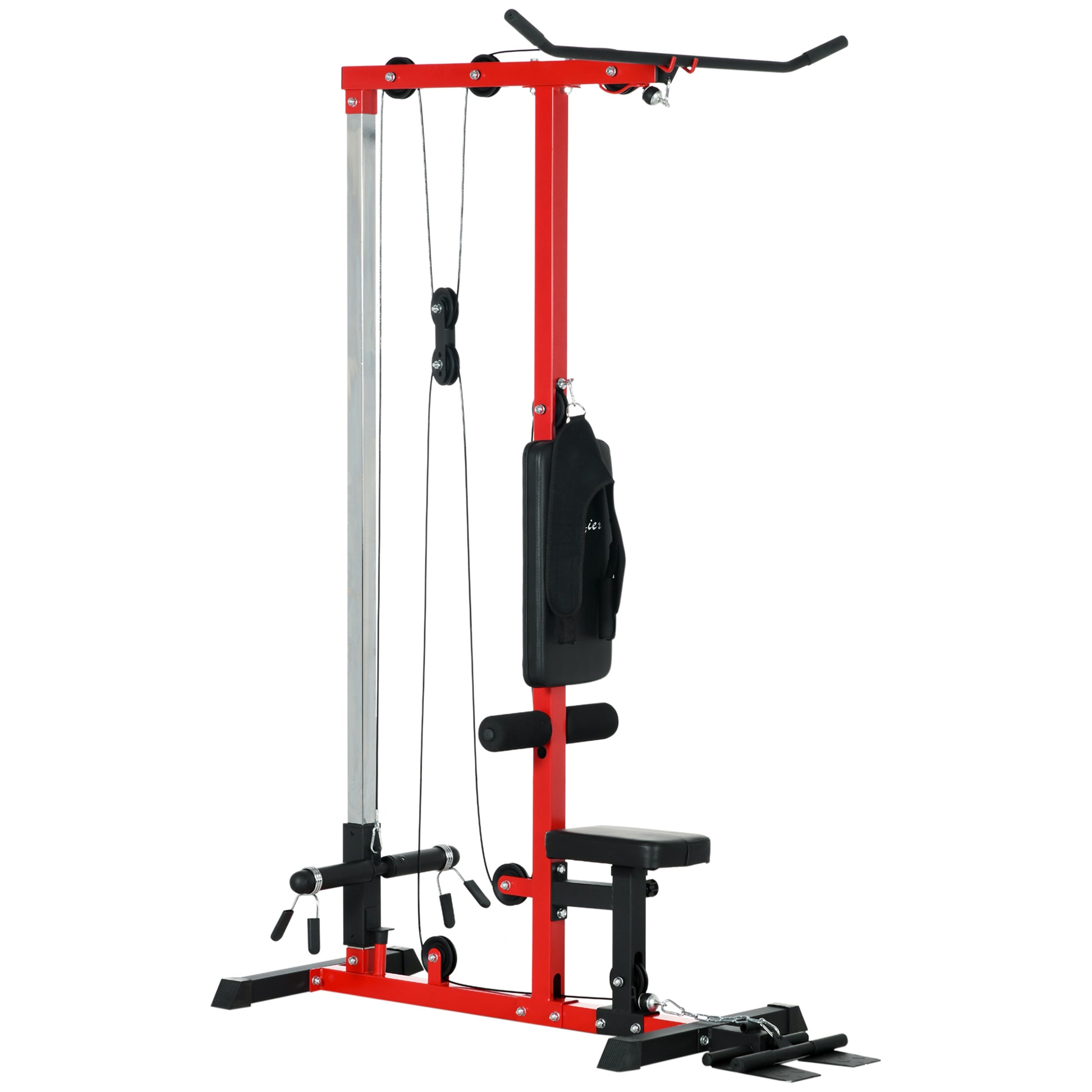 Red lat pulldown machine with padded seat and footrest for home gym workouts