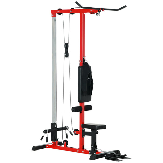 Red lat pulldown machine with padded seat and footrest for home gym workouts