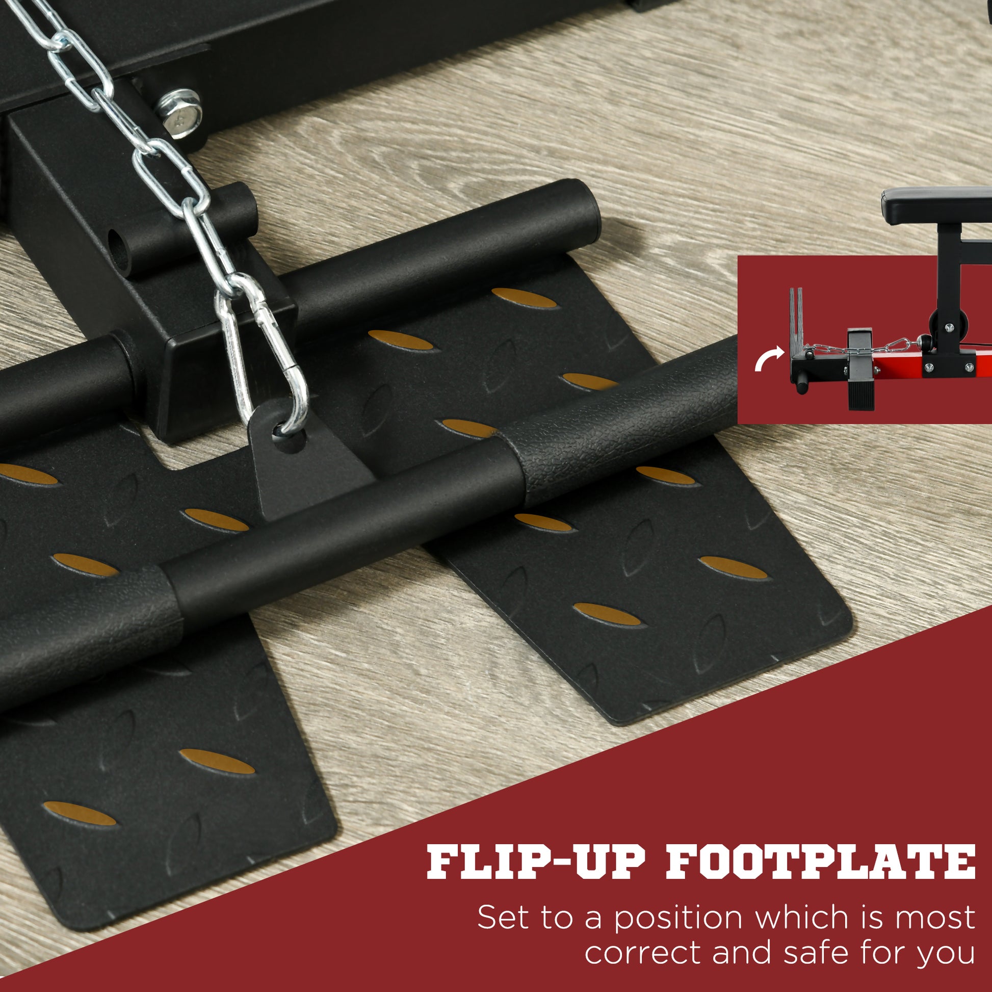 Closeup of black textured footplate with gold accents and metal chain for a gym machine