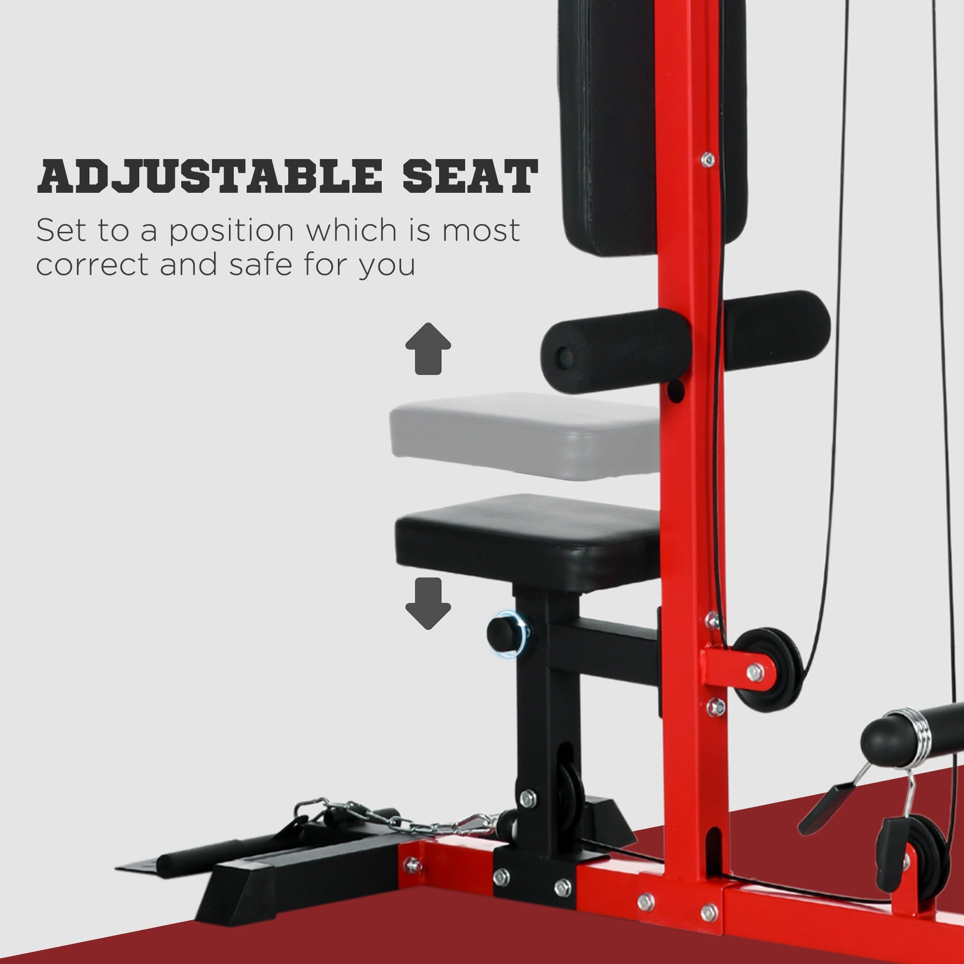Red multigym with adjustable black padded seat and pullup bar