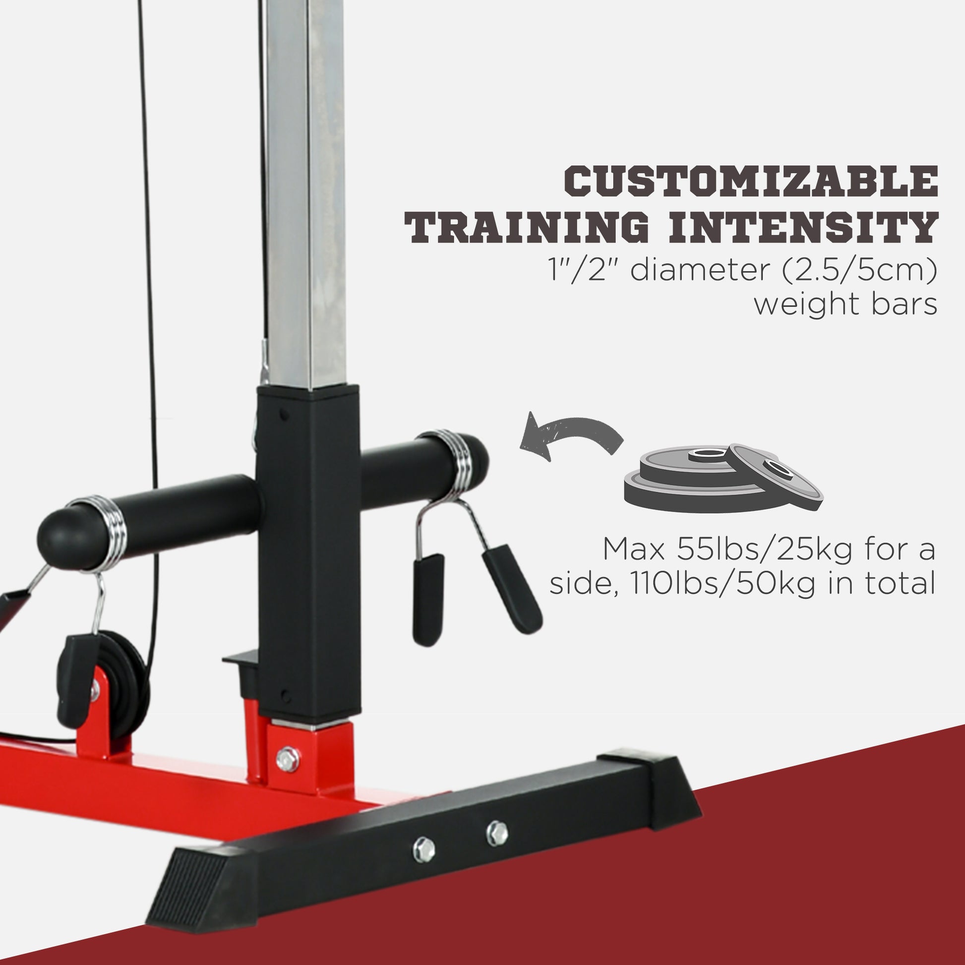 Red and black weight bench with adjustable pulley system and rubber grip handles for home gyms