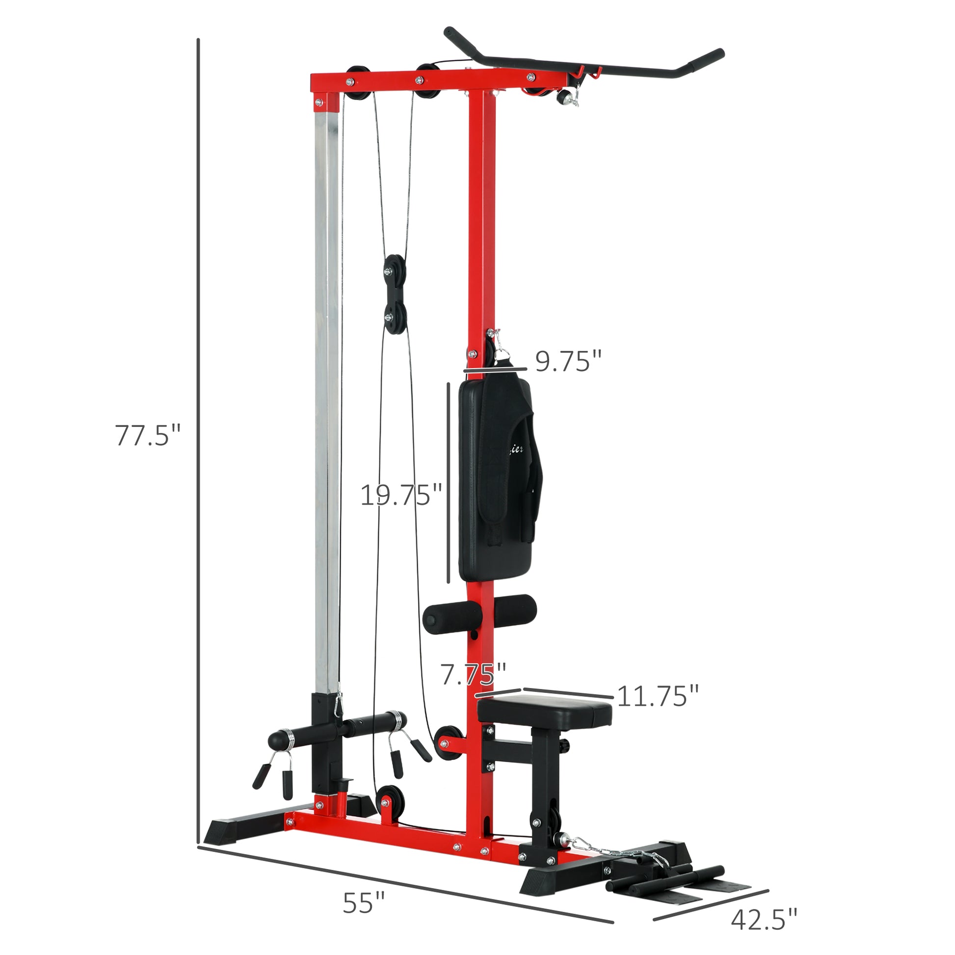 Red lat pulldown machine with padded seat and leg roller for home gyms