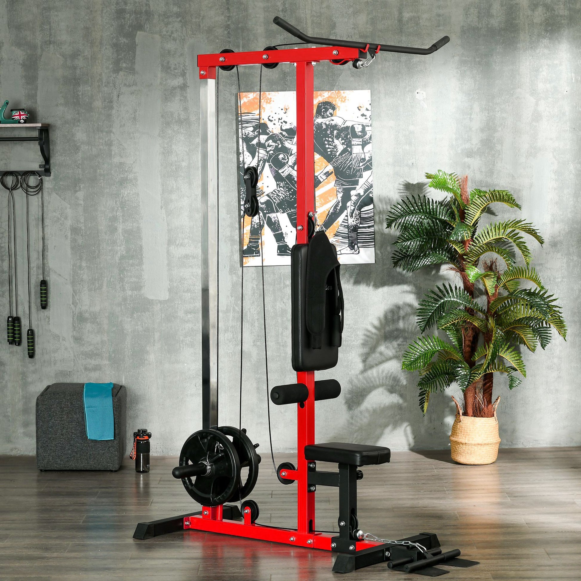 Red and black lat pulldown machine with padded seat and leg holders for home gym workouts