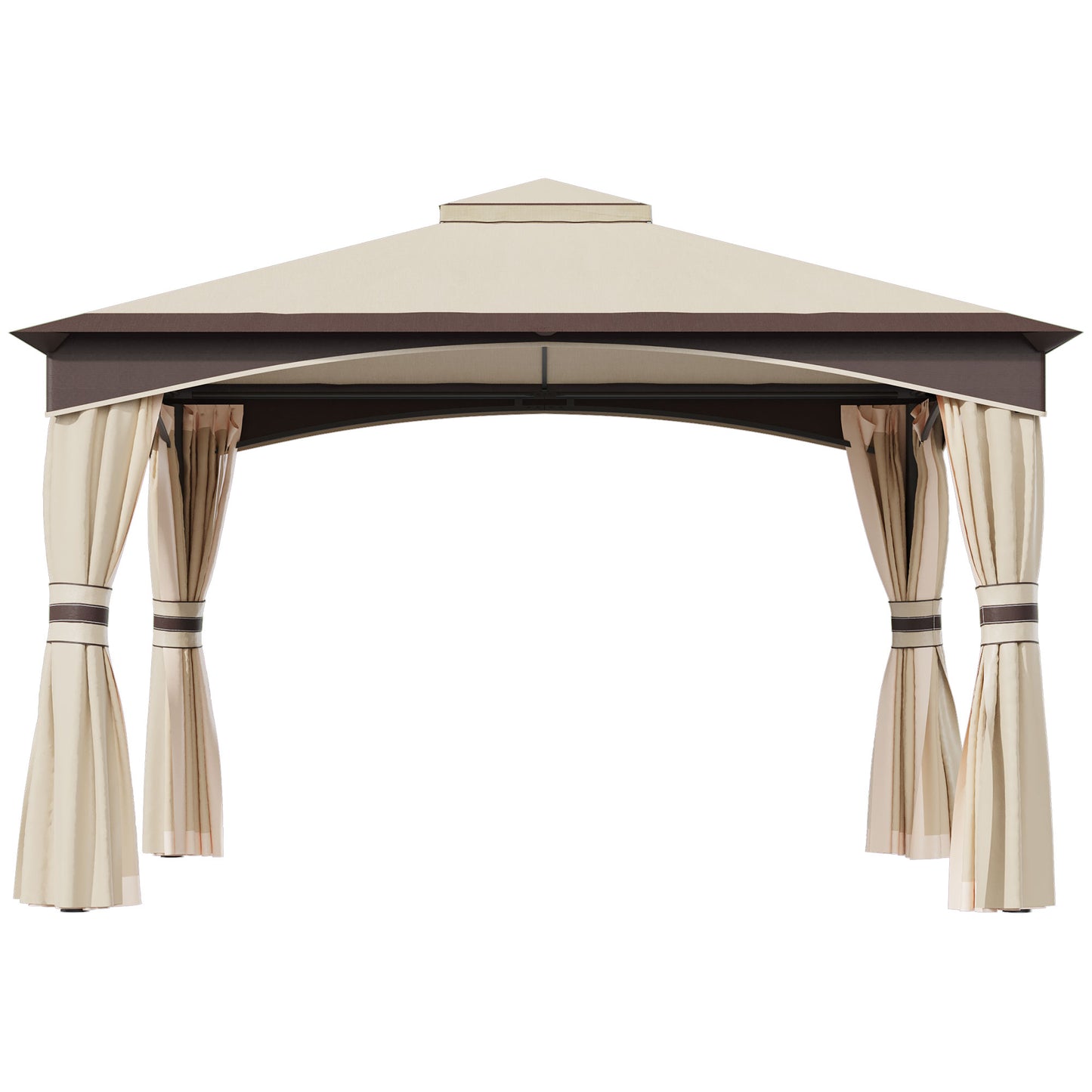 Beige and brown outdoor gazebo with draped curtains perfect for patios