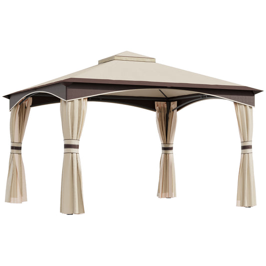 Beige and brown outdoor gazebo with curtains for garden relaxation