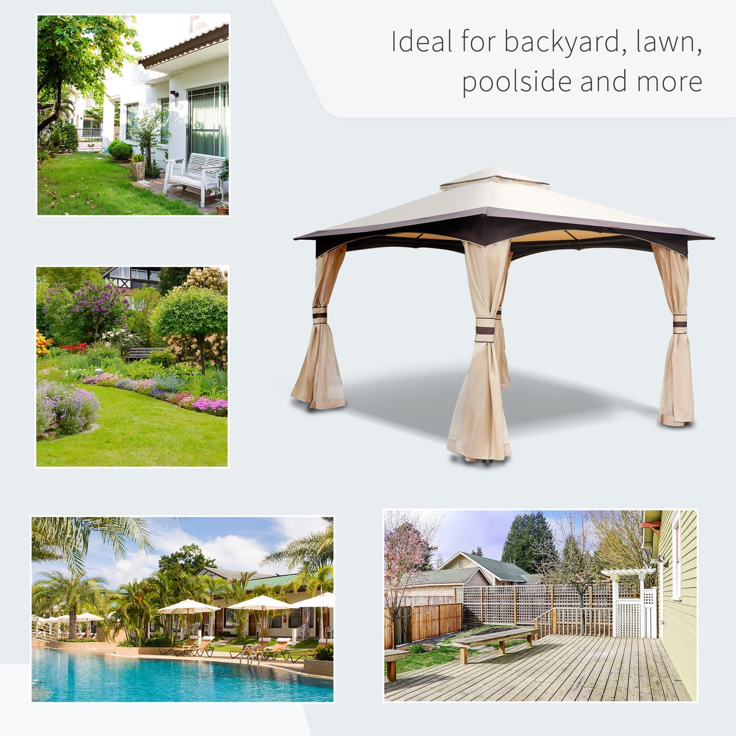 Beige and brown gazebo with curtains ideal for outdoor gatherings