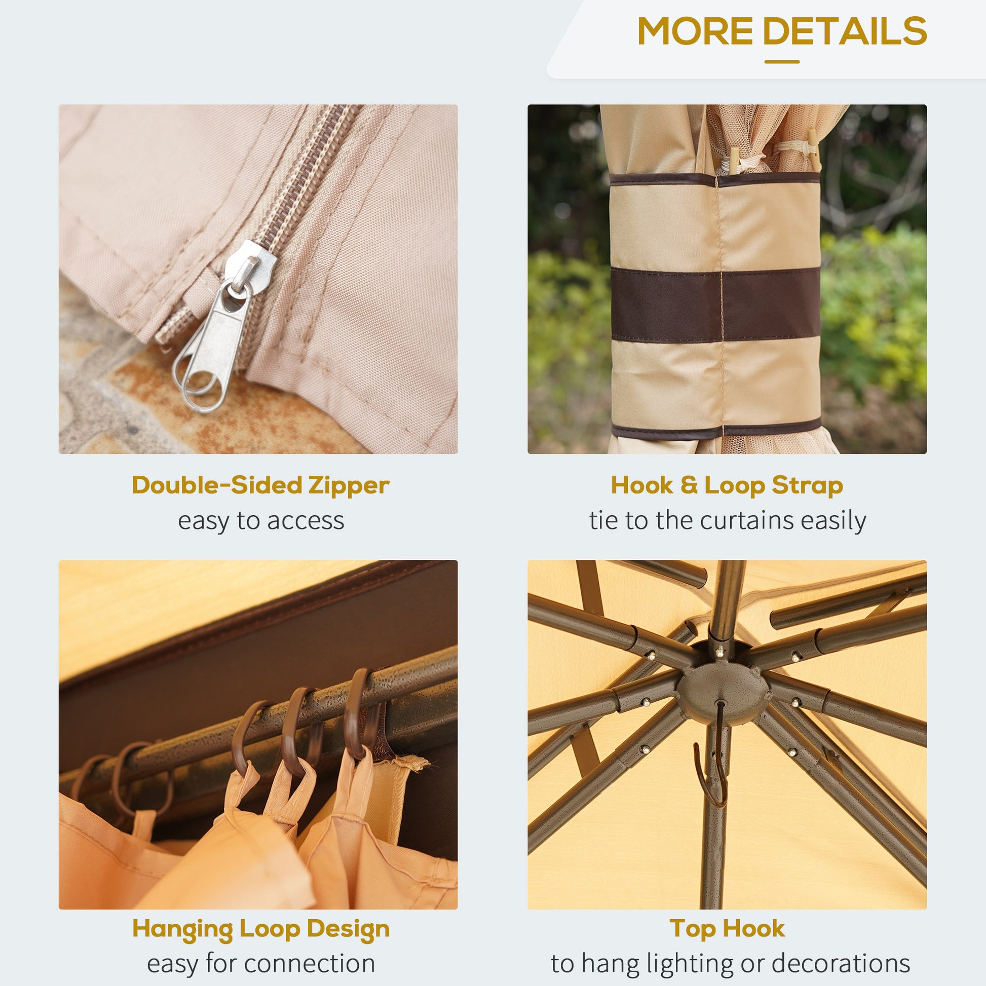 Closeup of a tan canopy fabric with a silver doublesided zipper for easy access
