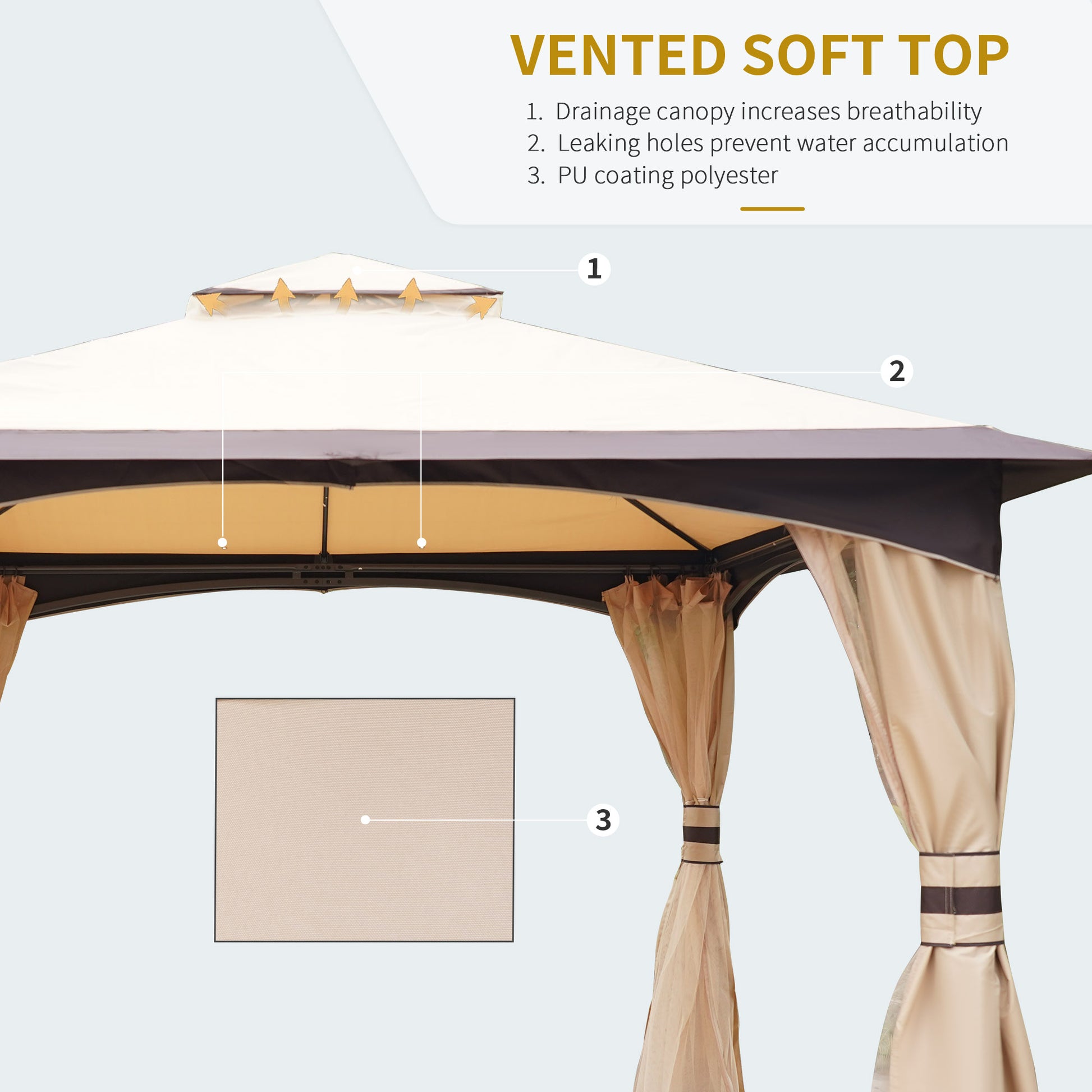 Beige vented soft top gazebo canopy with dark brown trim and netting curtains