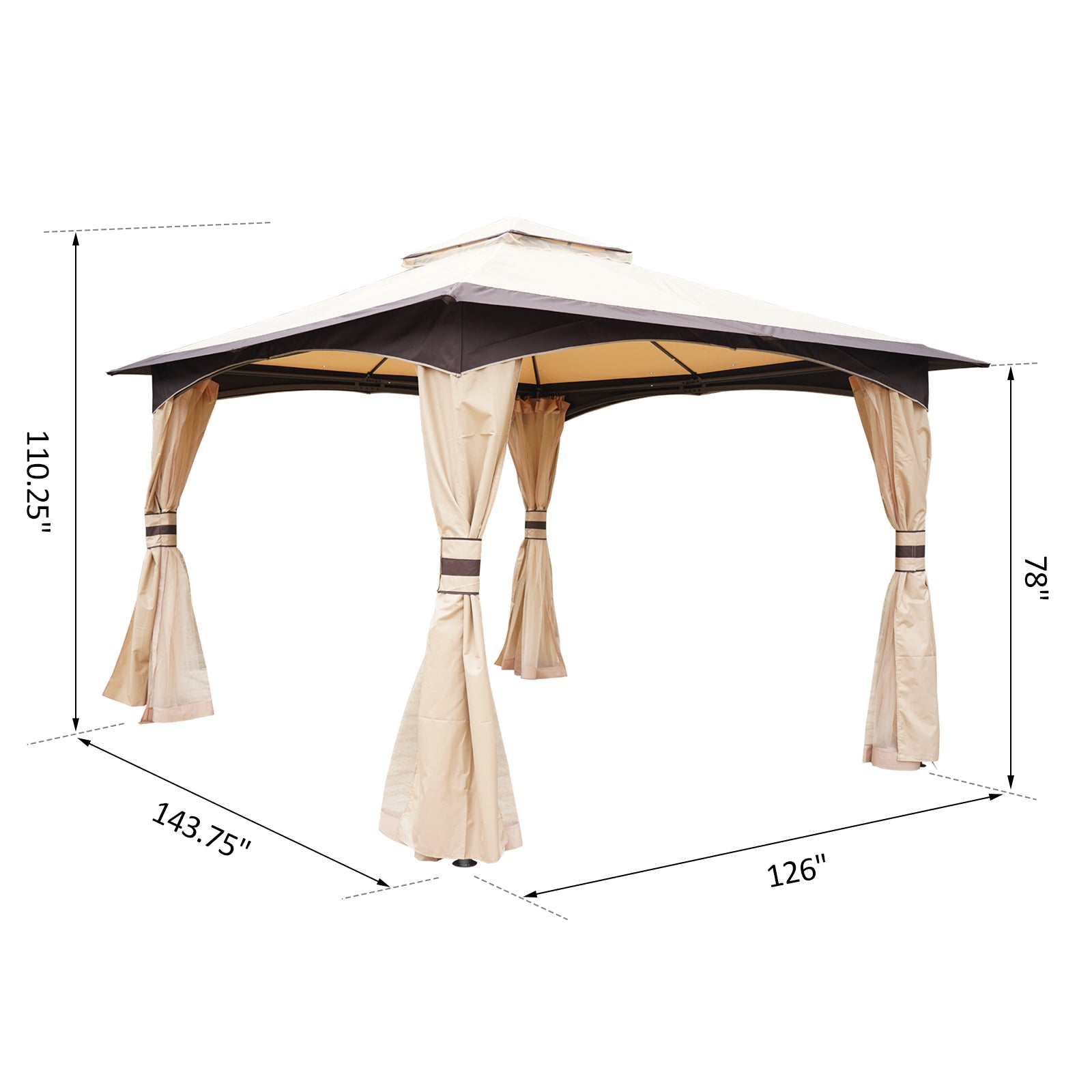 Beige and dark brown doubletier patio gazebo with tan curtains  wide