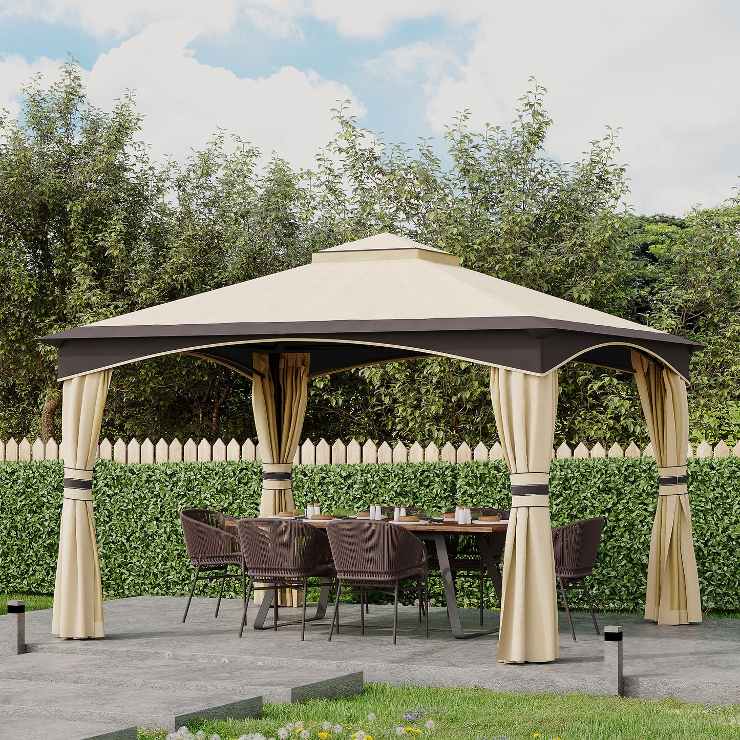 Cream and dark brown outdoor gazebo with draped curtains and seating for al fresco dining