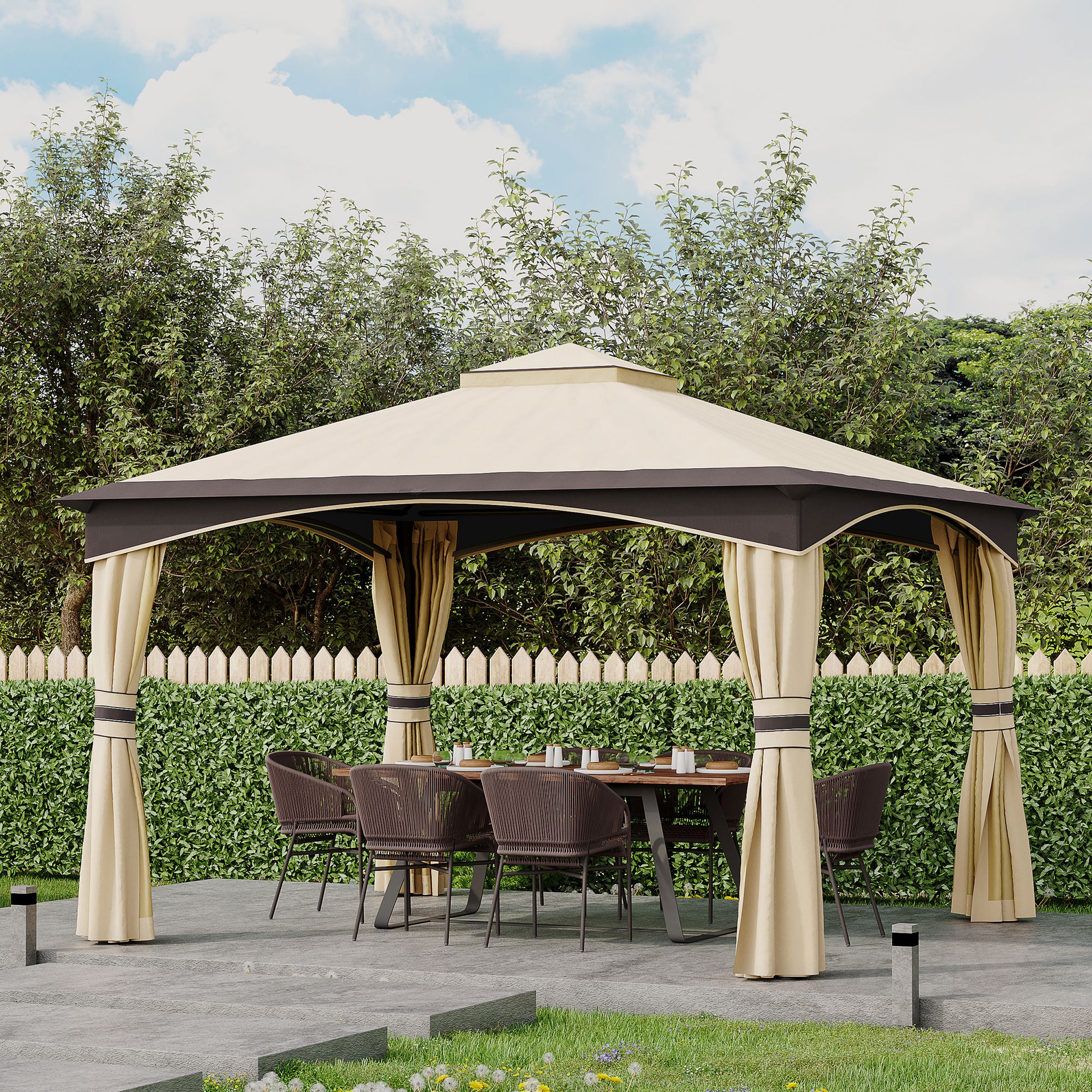 Cream and dark brown outdoor gazebo with draped curtains and seating for al fresco dining