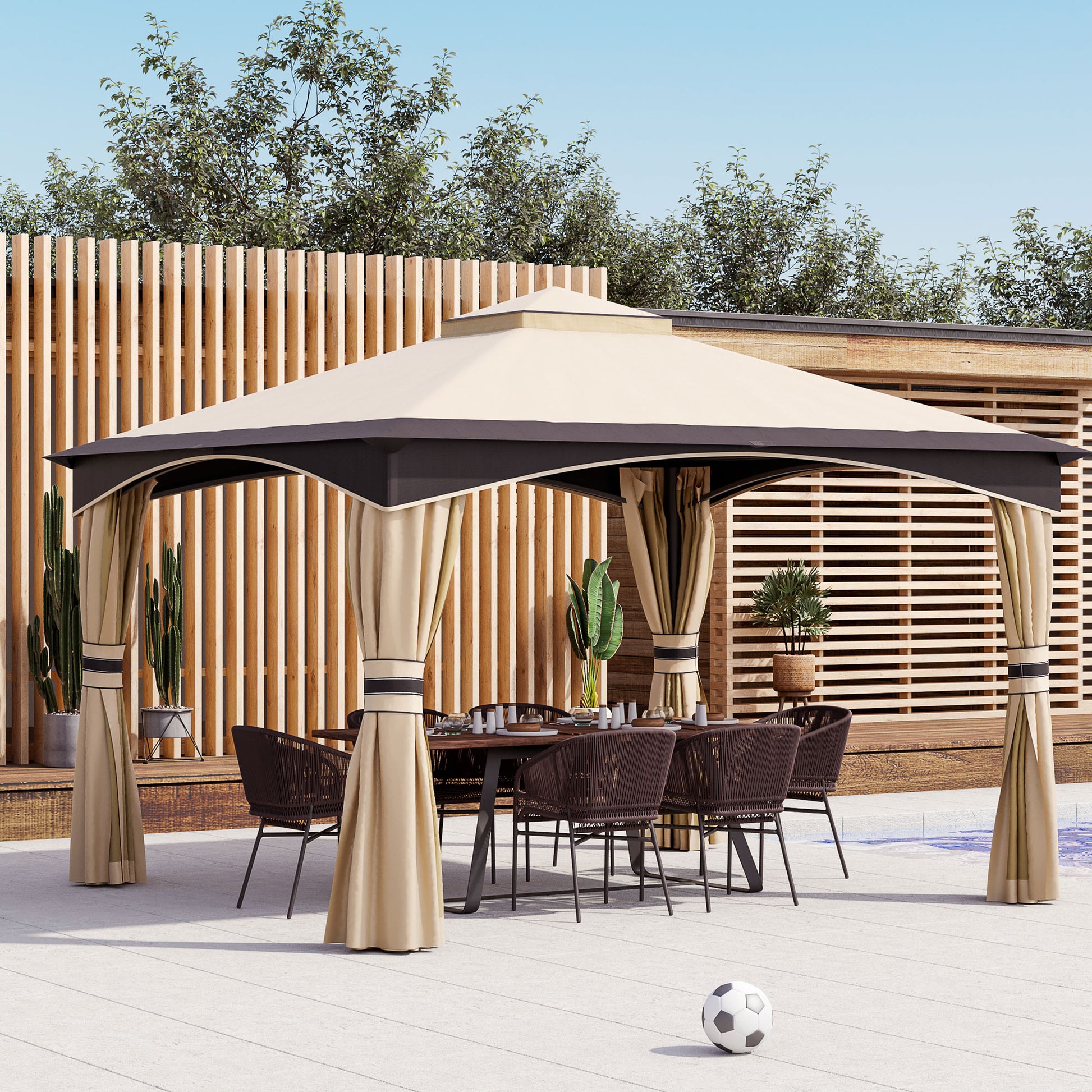 Beige outdoor gazebo with dark brown trim featuring a dining set for six