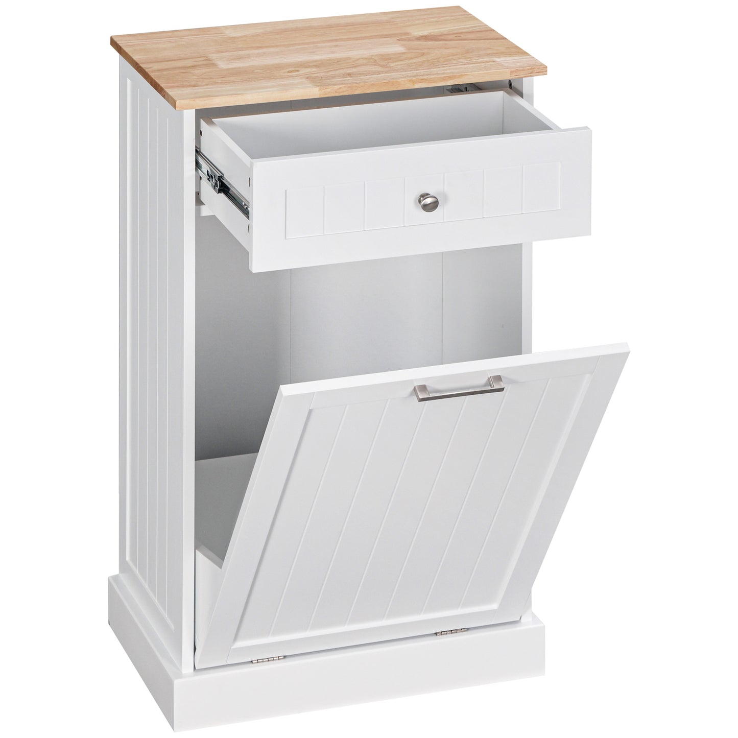 White kitchen trash can cabinet with wooden top and pullout drawer for bin access