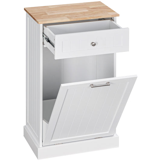 White kitchen trash can cabinet with wooden top and pullout drawer for bin access