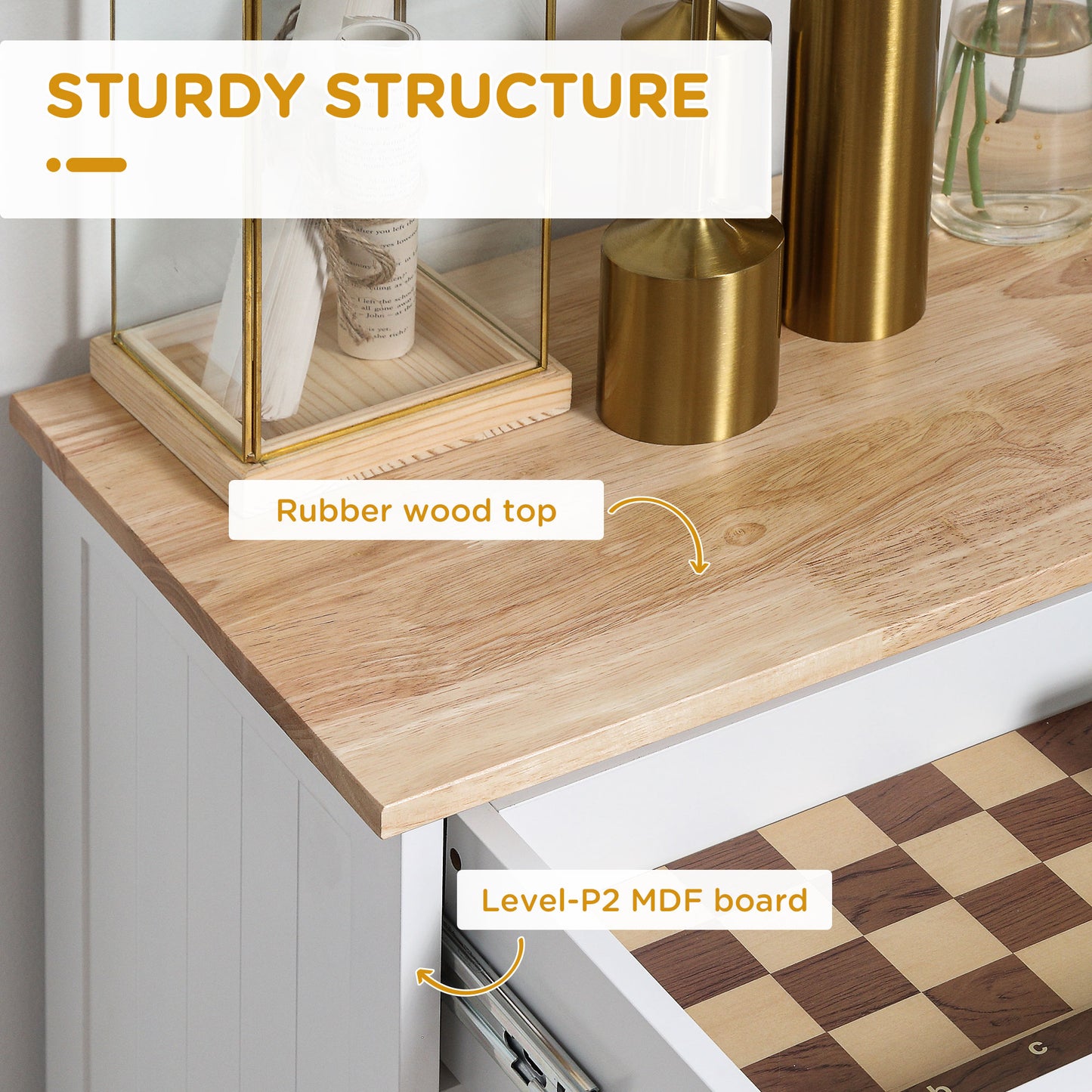 Closeup of a white cabinet with a textured rubber wood top showing sturdy structure