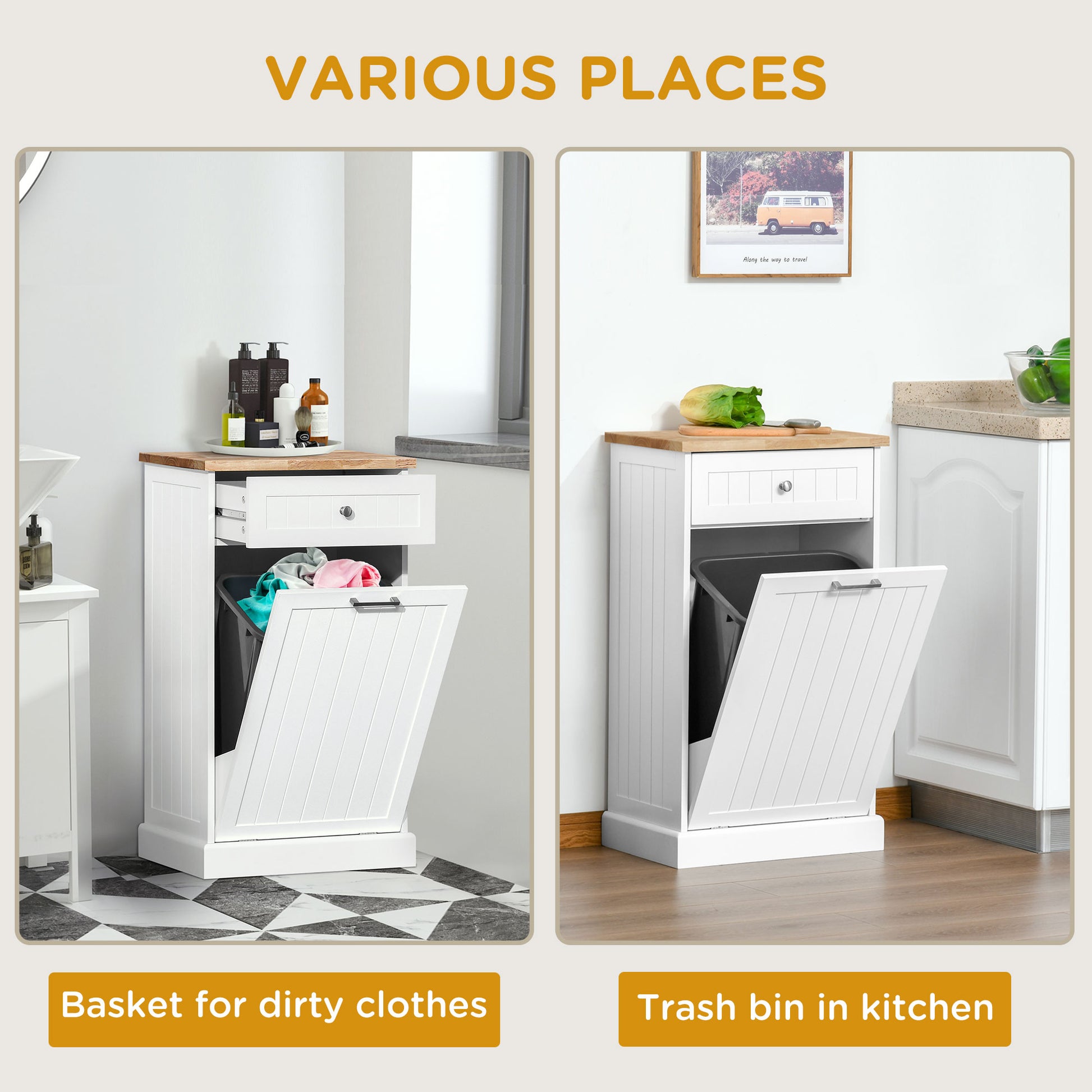 White wooden laundry basket with drawer and open compartment for dirty clothes