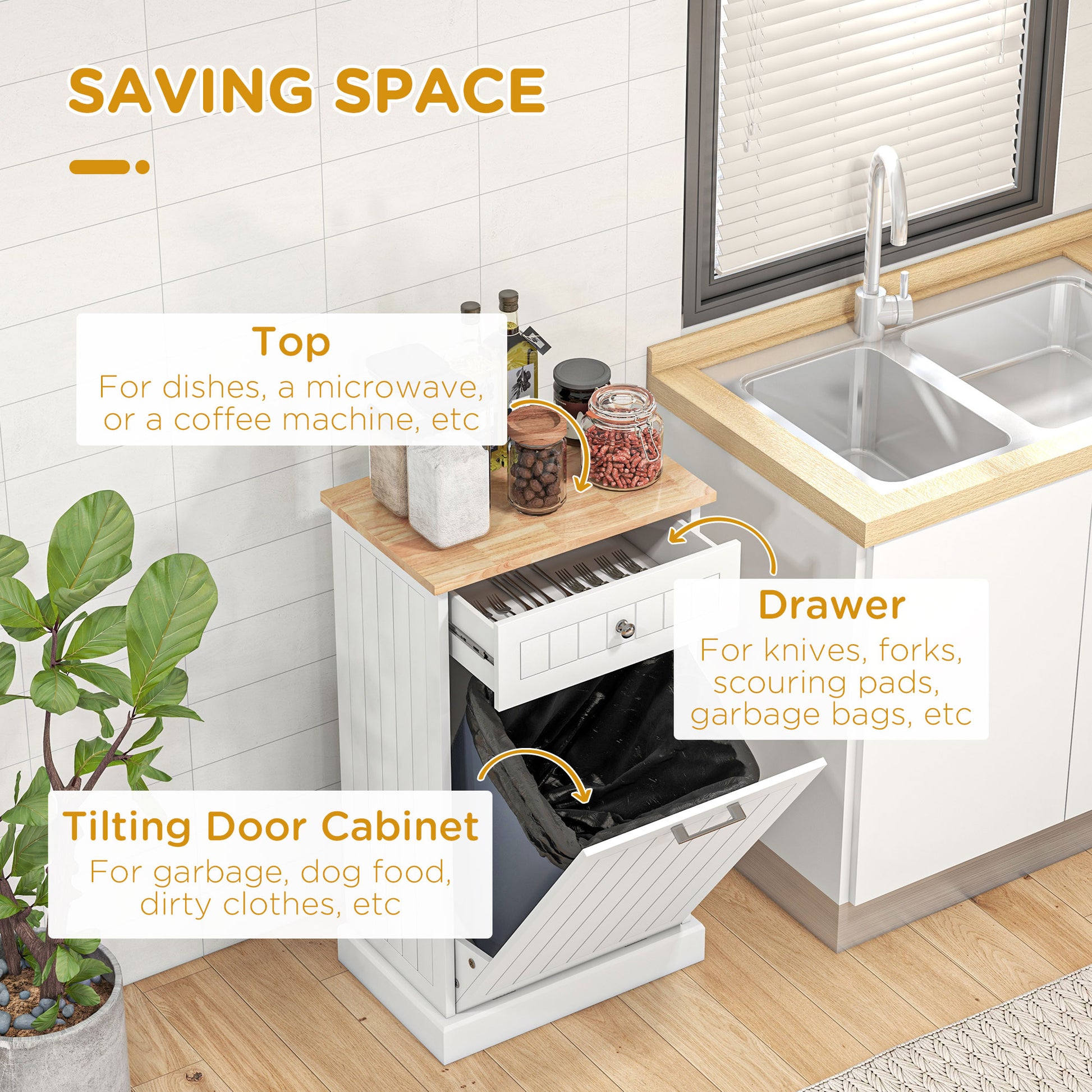 White kitchen cart with tilting trash bin drawer and top shelf