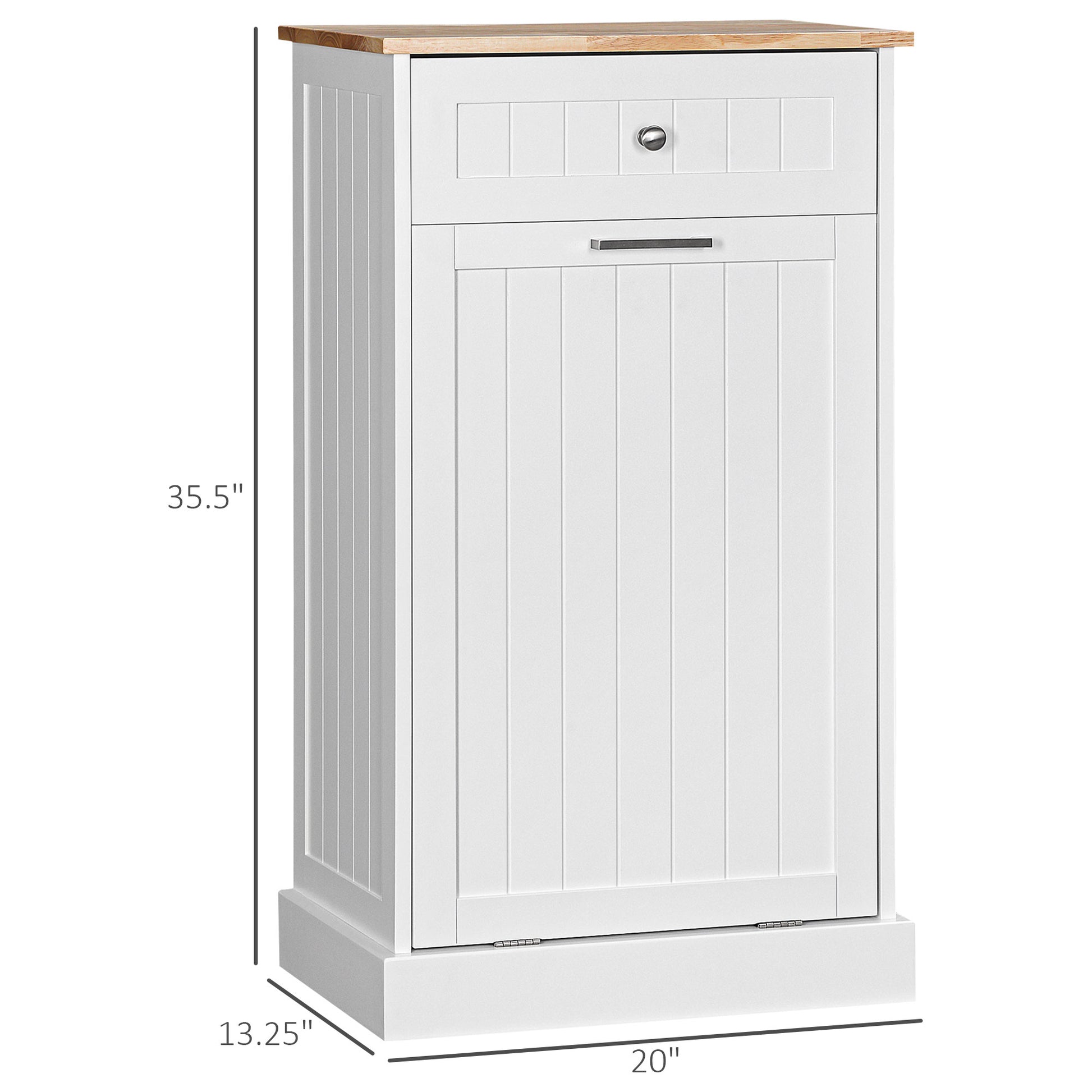 White wooden kitchen cabinet with wooden top and drawer for trash bin storage
