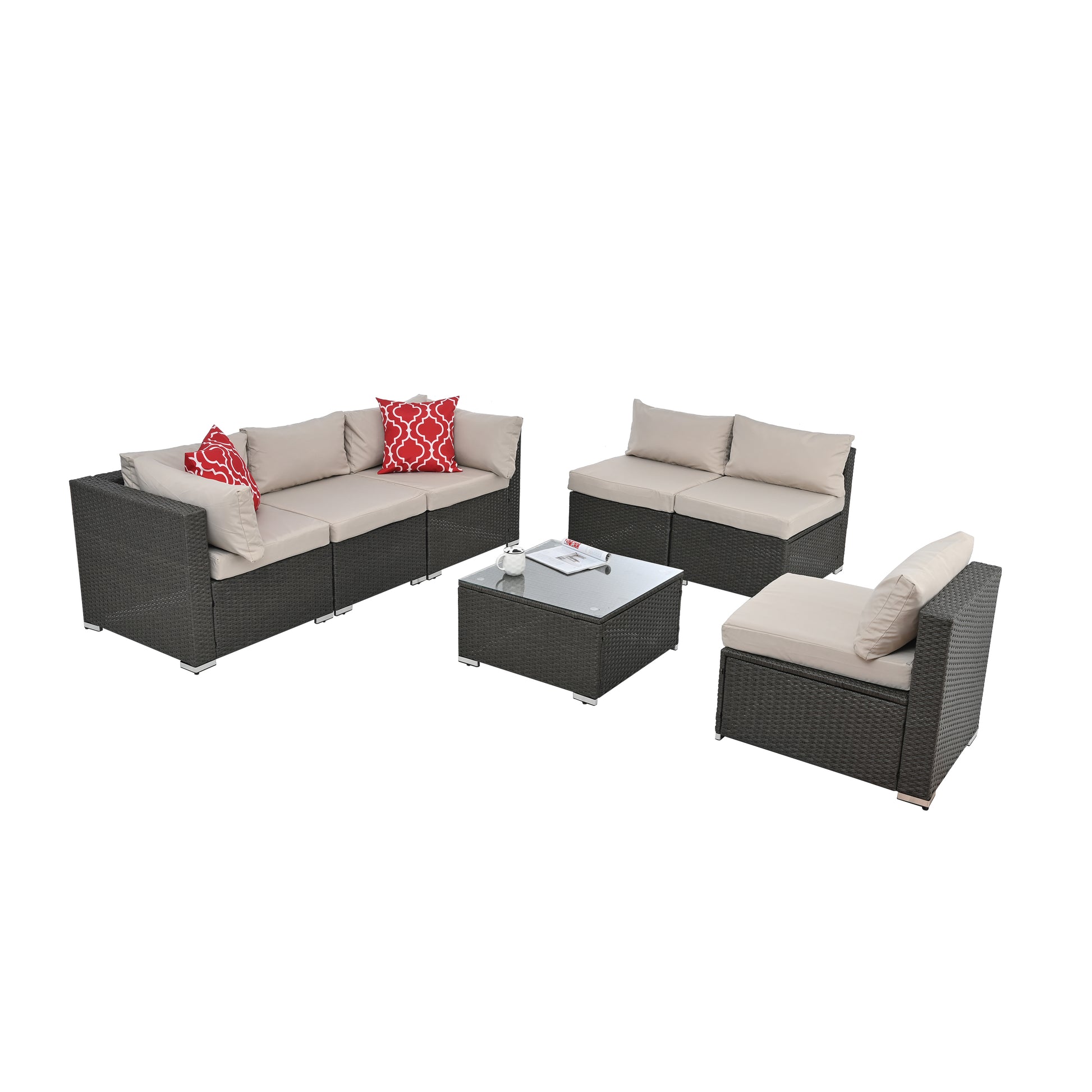 Dark gray wicker sectional outdoor furniture with beige cushions and red patterned pillows