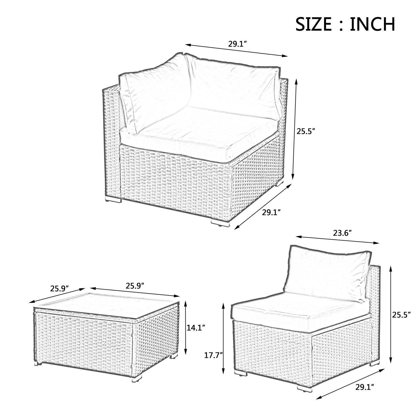 Sketch of a grey wicker outdoor sectional sofa corner piece with white cushions  W x  D x  H