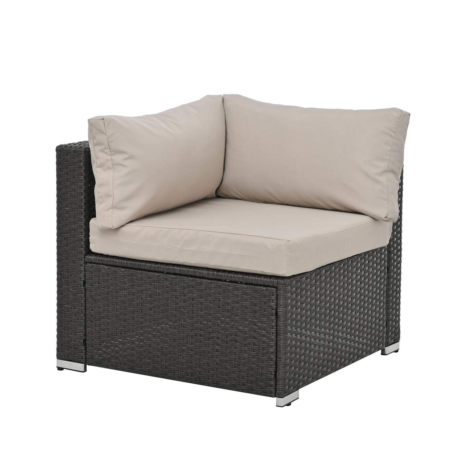 Dark grey wicker outdoor corner sofa chair with light beige cushions modern design