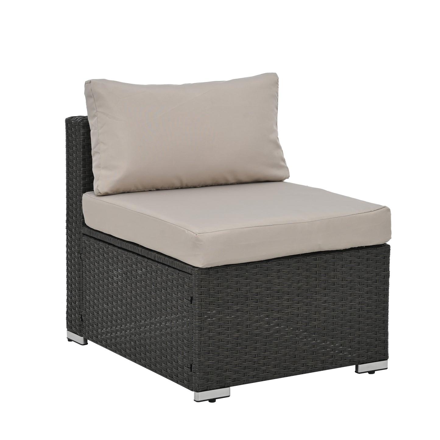 Dark grey wicker sectional armless chair with beige cushions perfect for patio seating