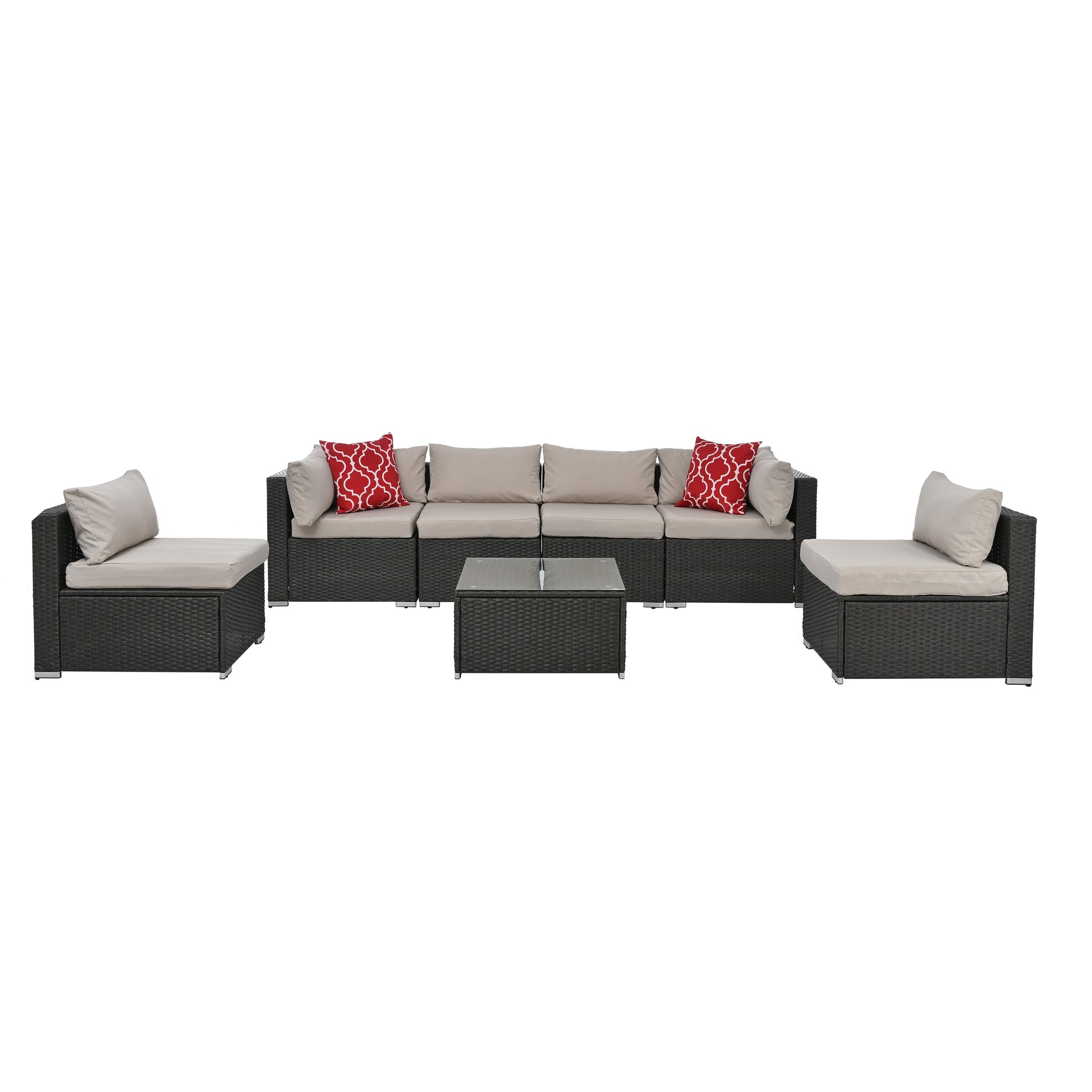Dark grey wicker modular patio sofa set with beige cushions and red decorative pillows