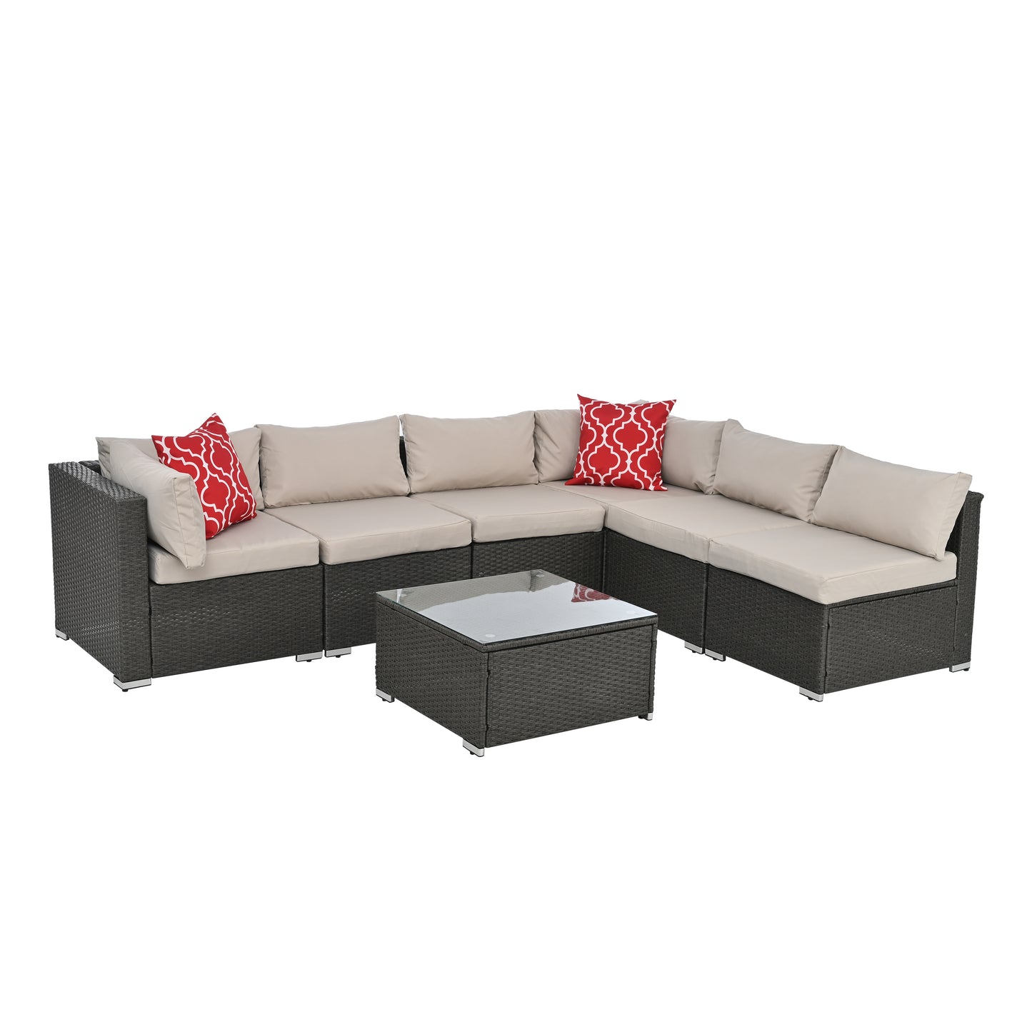 Dark gray rattan sectional outdoor sofa with beige cushions and red patterned pillows