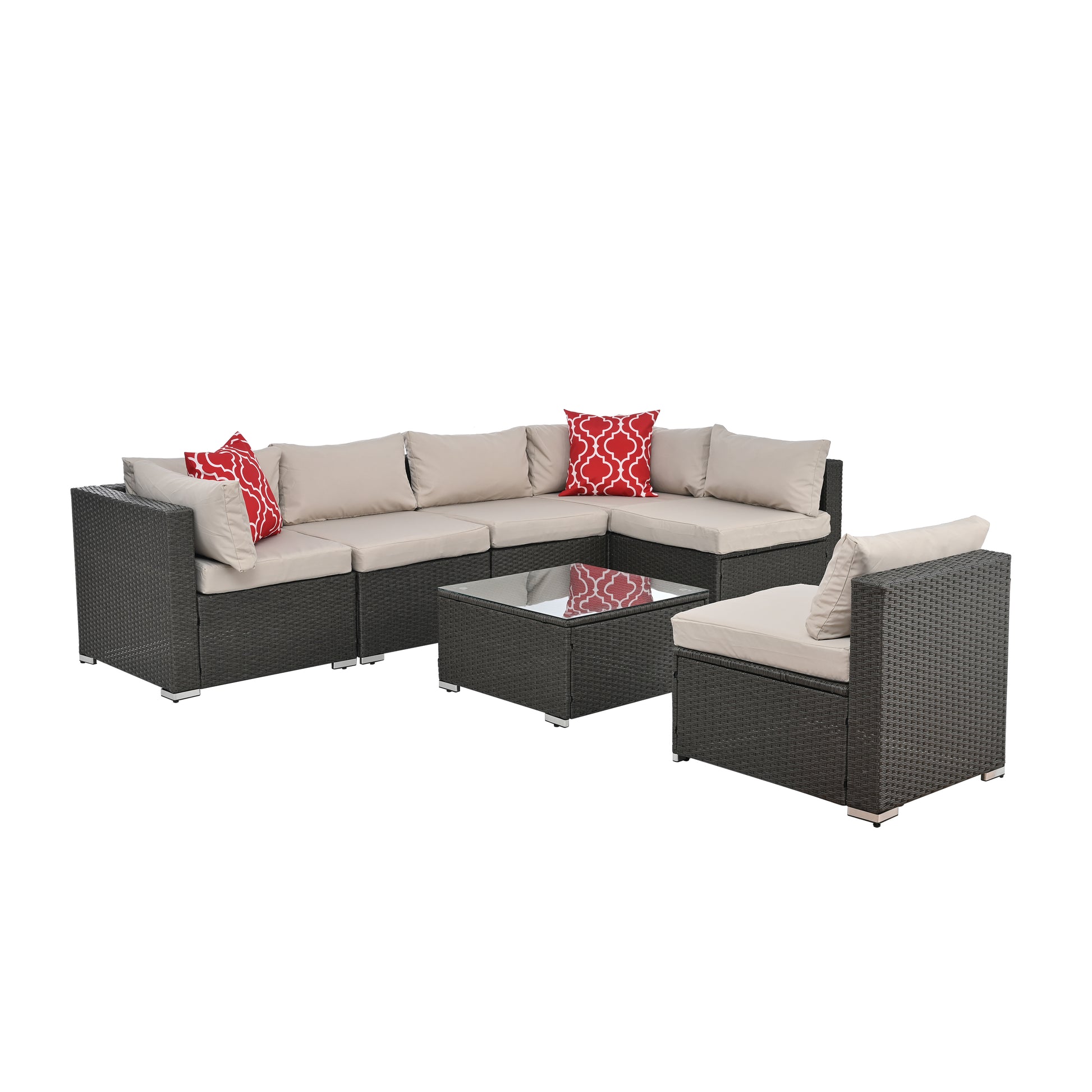 Dark grey wicker sectional outdoor sofa with beige cushions and red patterned accent pillows