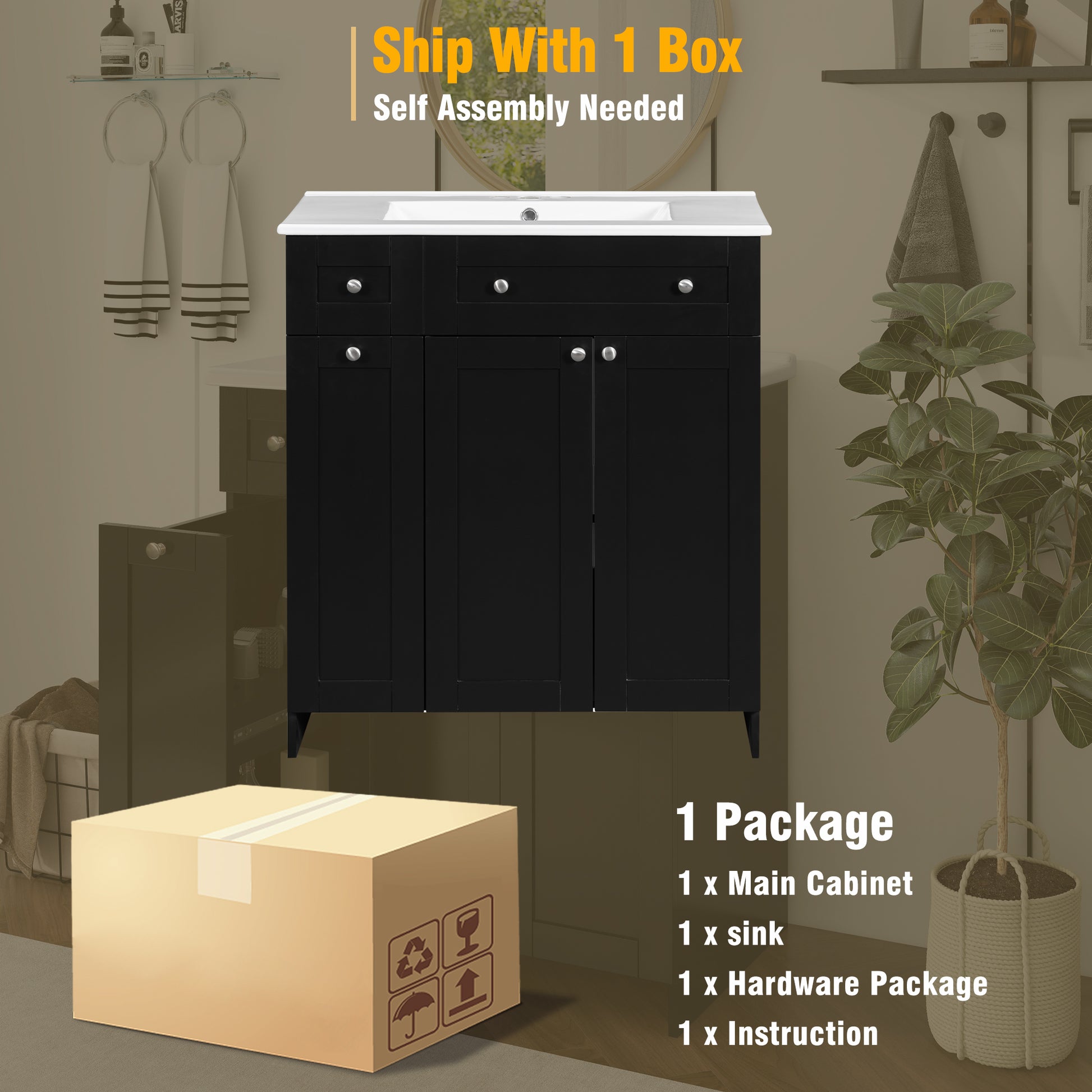 Black bathroom vanity with white ceramic sink four cabinet doors and two drawers
