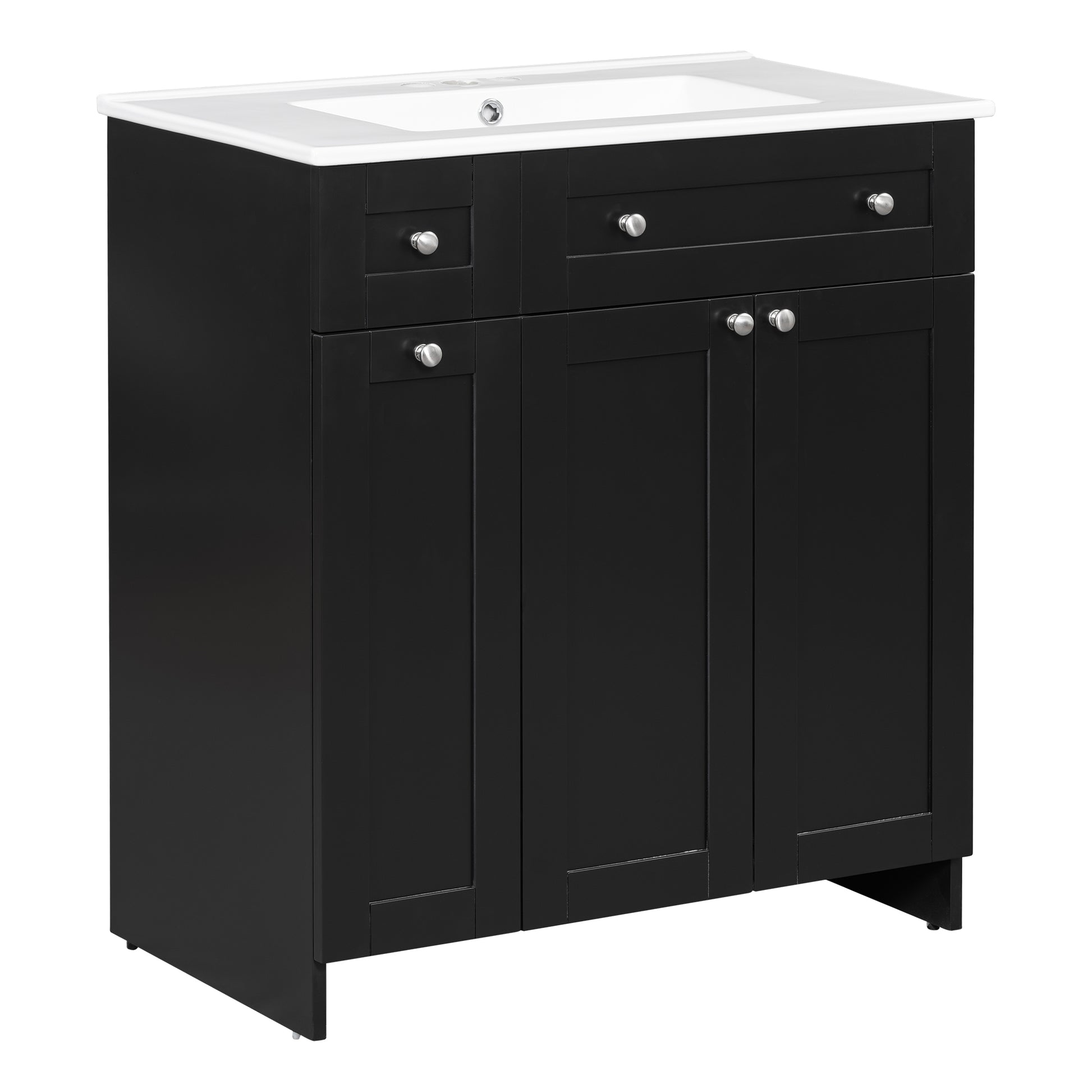 Black bathroom vanity with white ceramic sink and brushed nickel knobs inch width