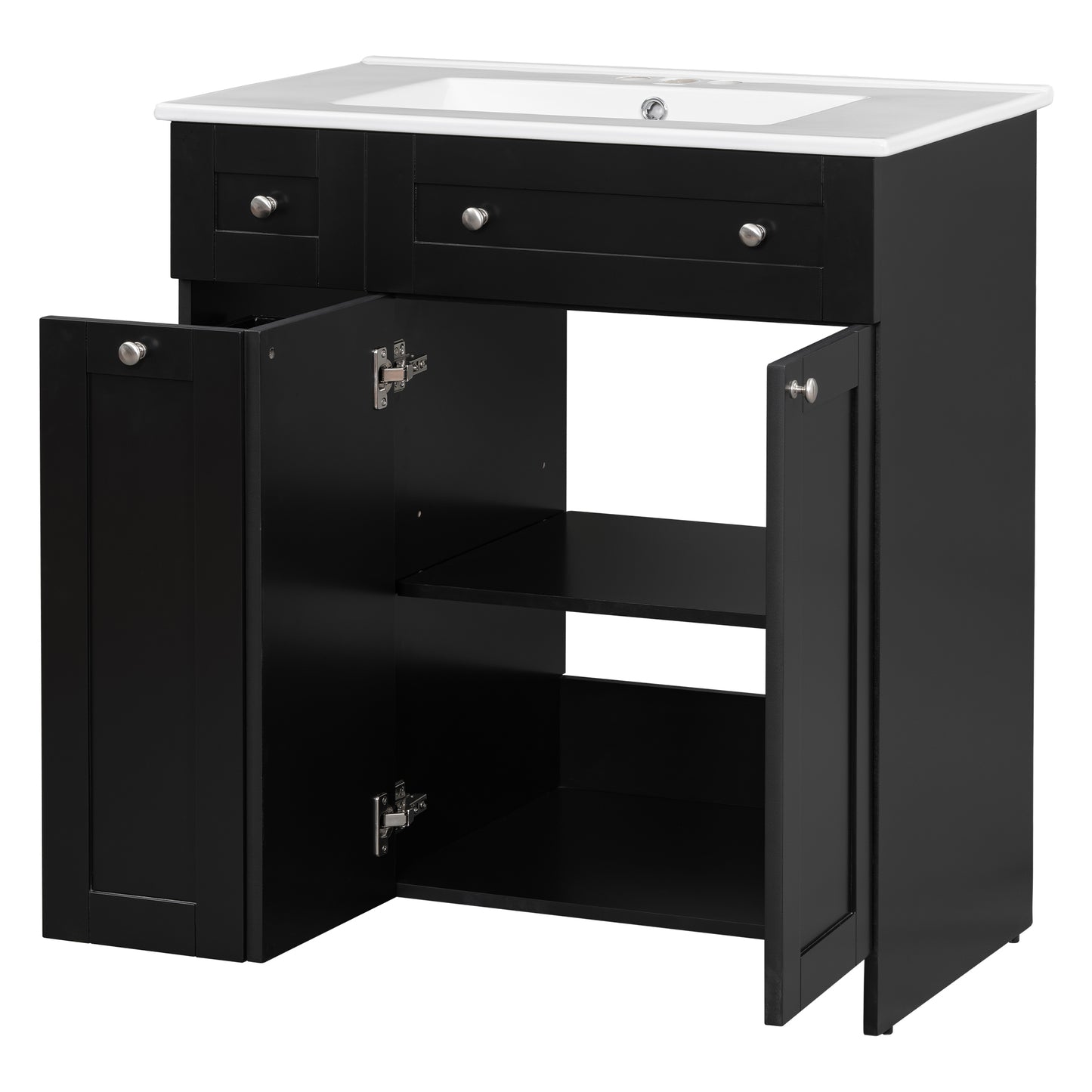 Black bathroom vanity with white ceramic top two drawers and open cabinet doors revealing shelves