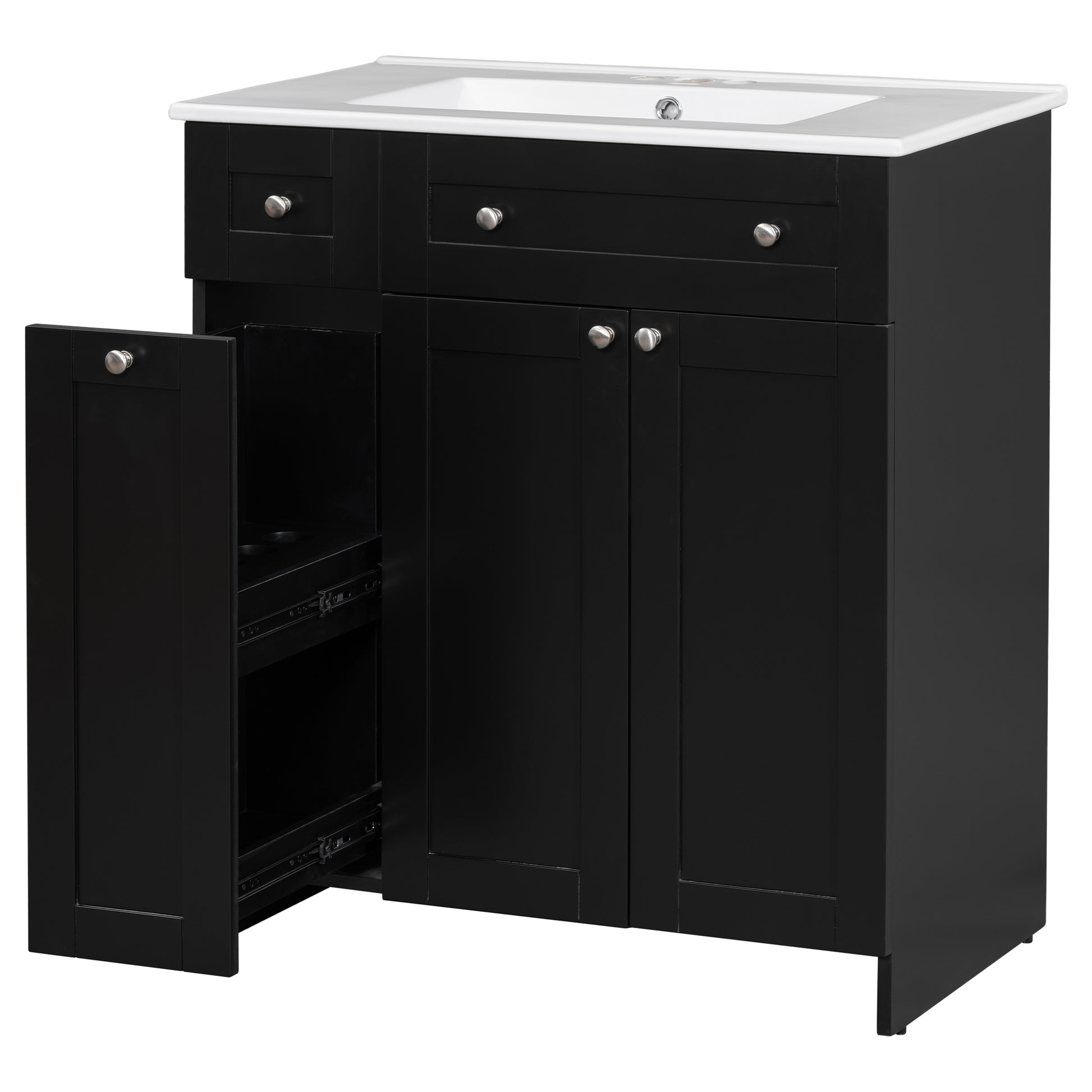 Black modern bathroom vanity with white ceramic sink and pullout drawer