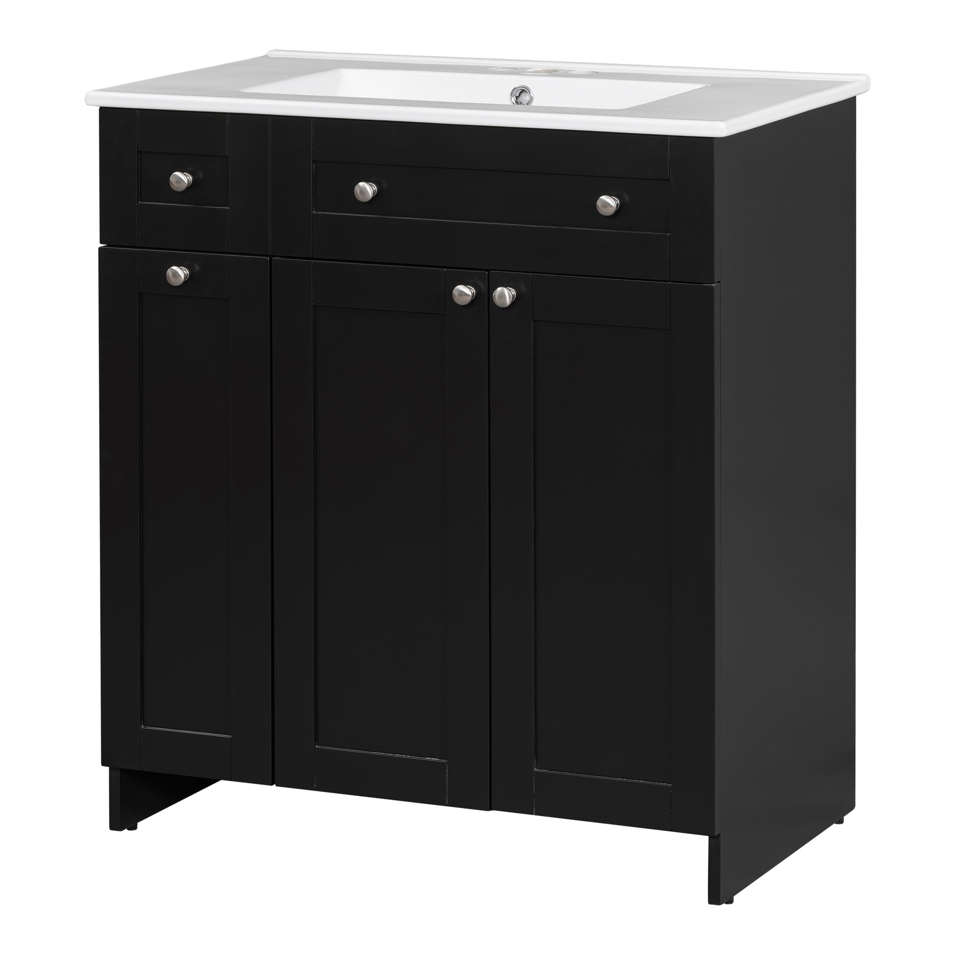 Black bathroom vanity with white porcelain top and brushed nickel hardware