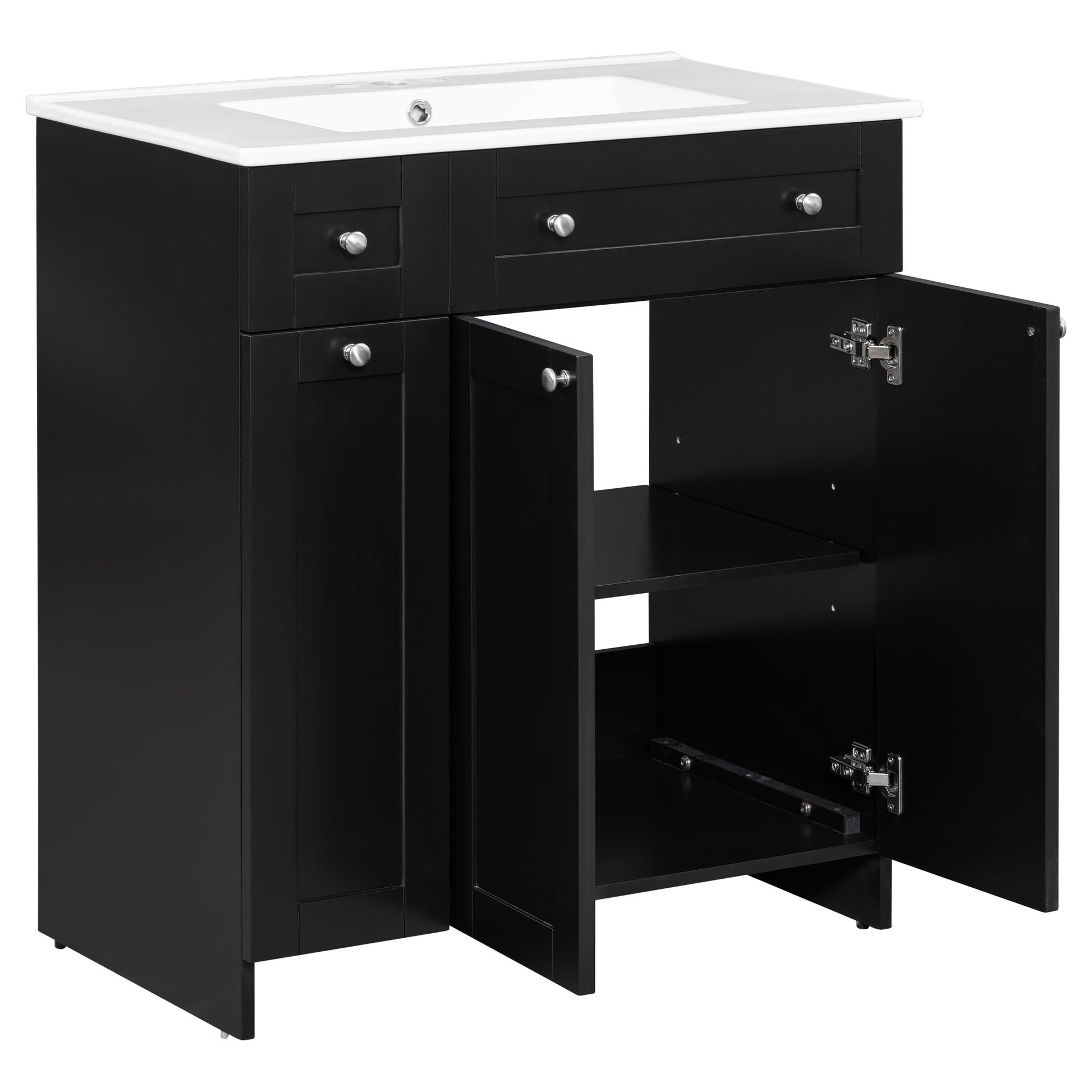 Black wood vanity with white ceramic top and open cabinet doors featuring brushed nickel hardware