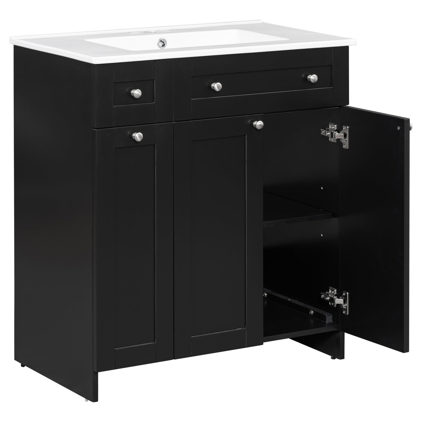 Black wooden bathroom vanity with white integrated sink two drawers and cabinet doors open to reveal shelves