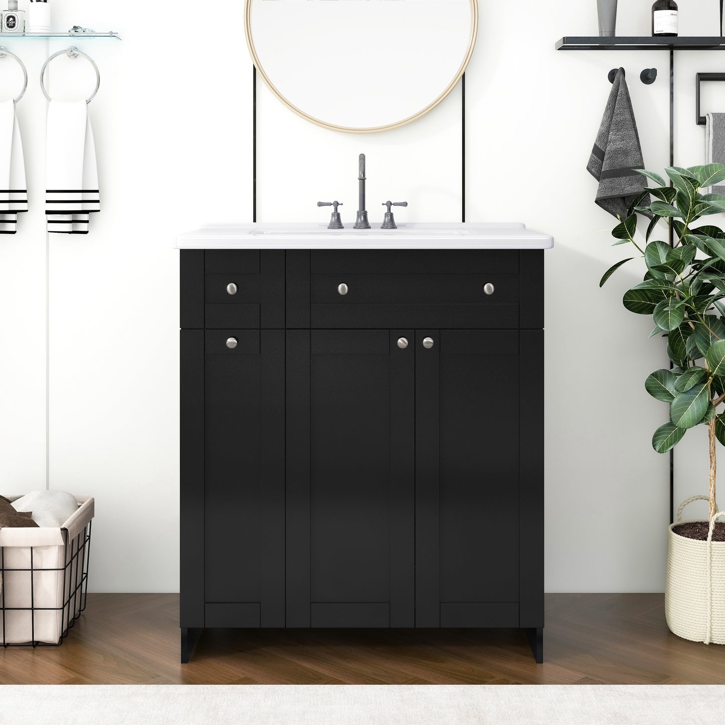 Black bathroom vanity with white countertop and silver knobs  inches wide